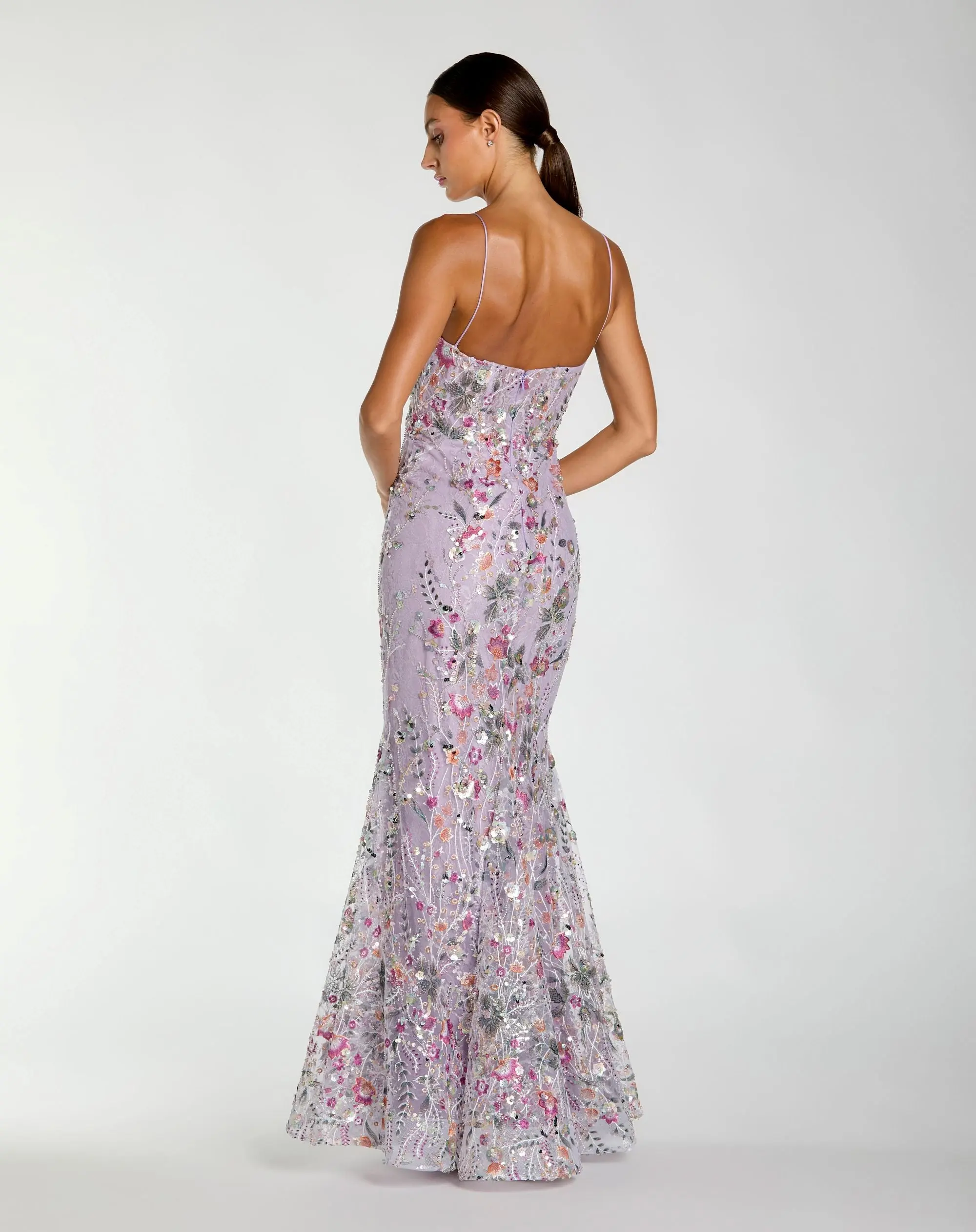 Purple Spaghetti Strap Floral Embroidered Trumpet Gown - Image 3