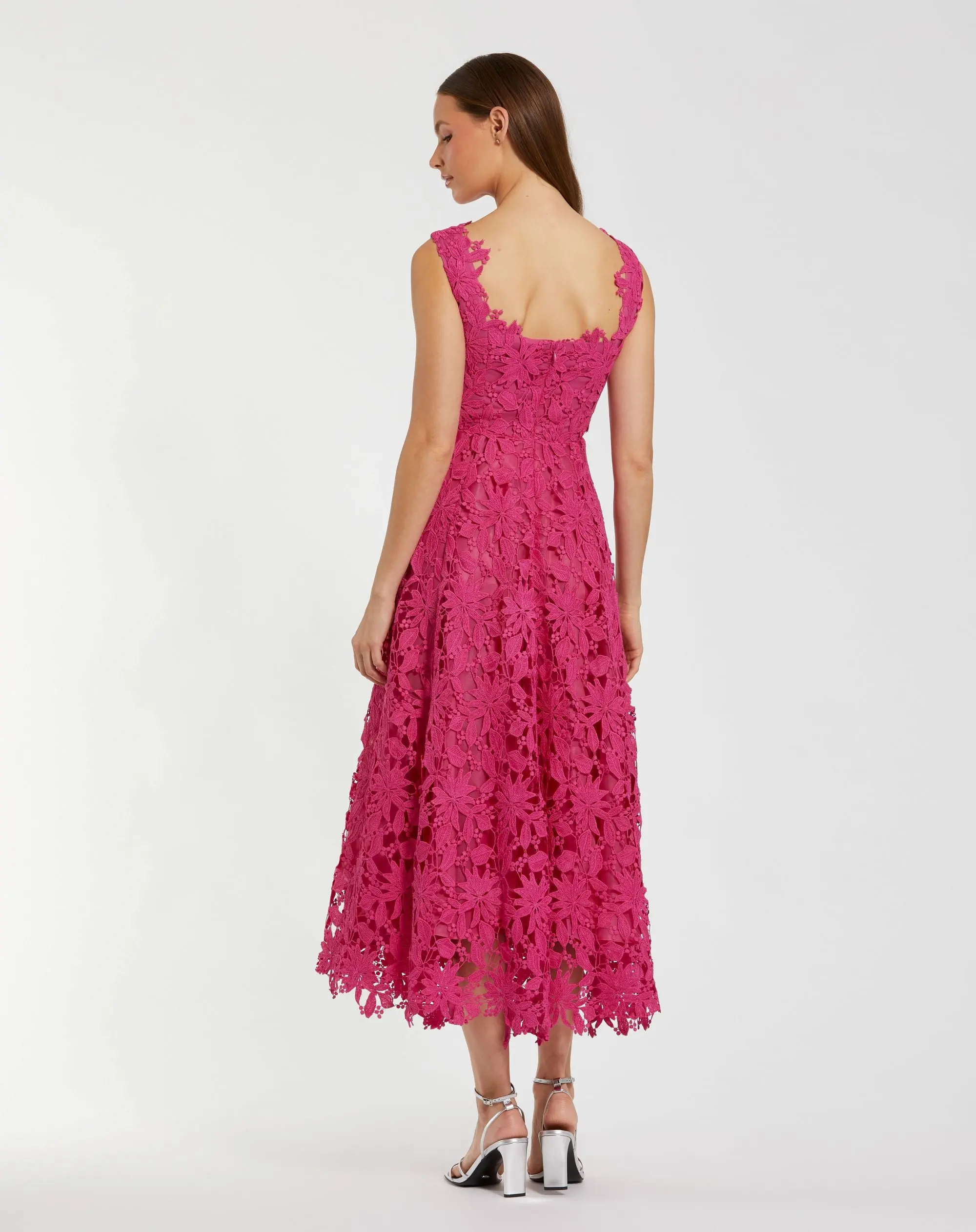 Pink Sleeveless Embroidered Lace A Line Midi Dress - Image 3