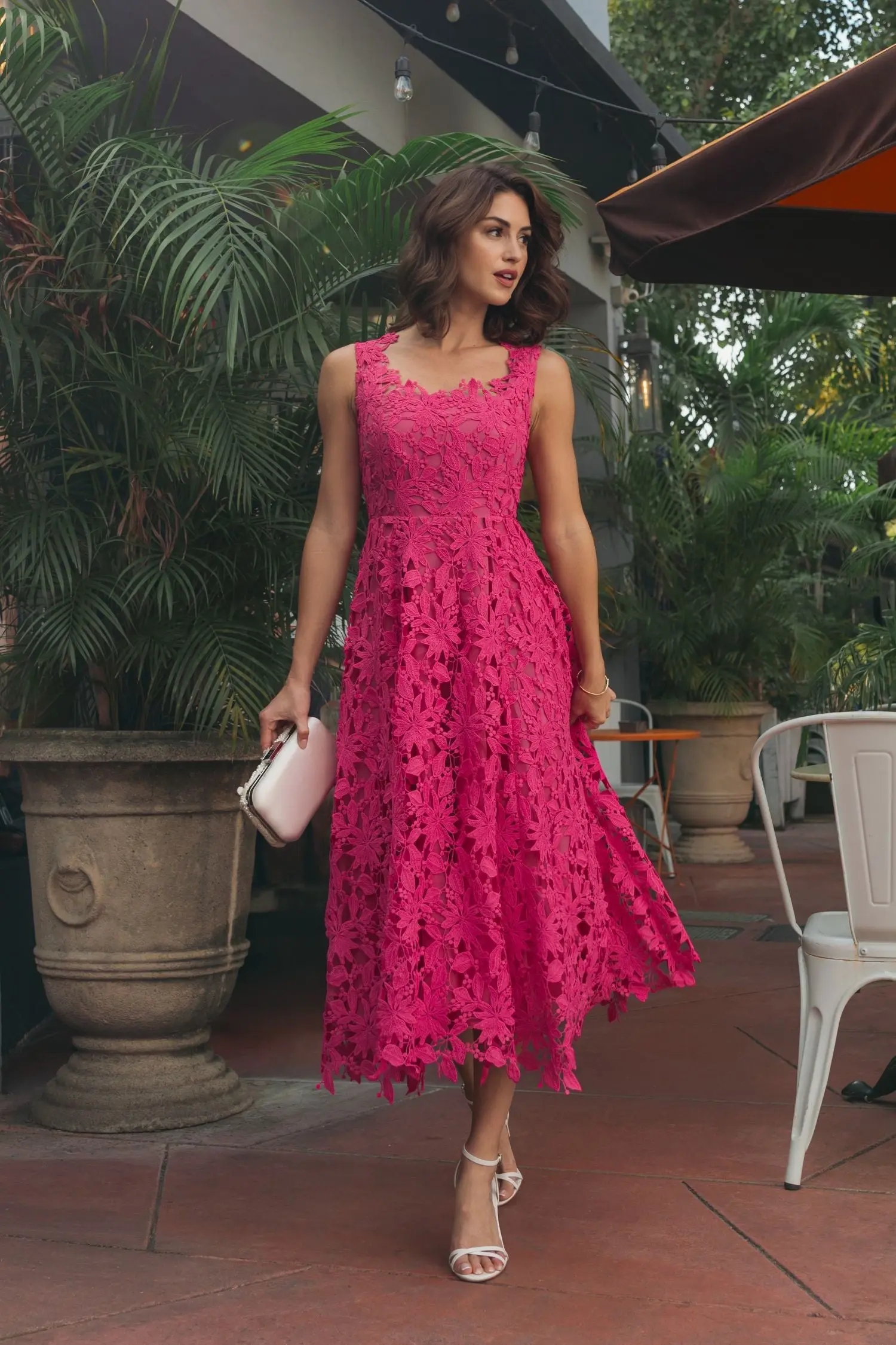 Pink Sleeveless Embroidered Lace A Line Midi Dress - Image 4