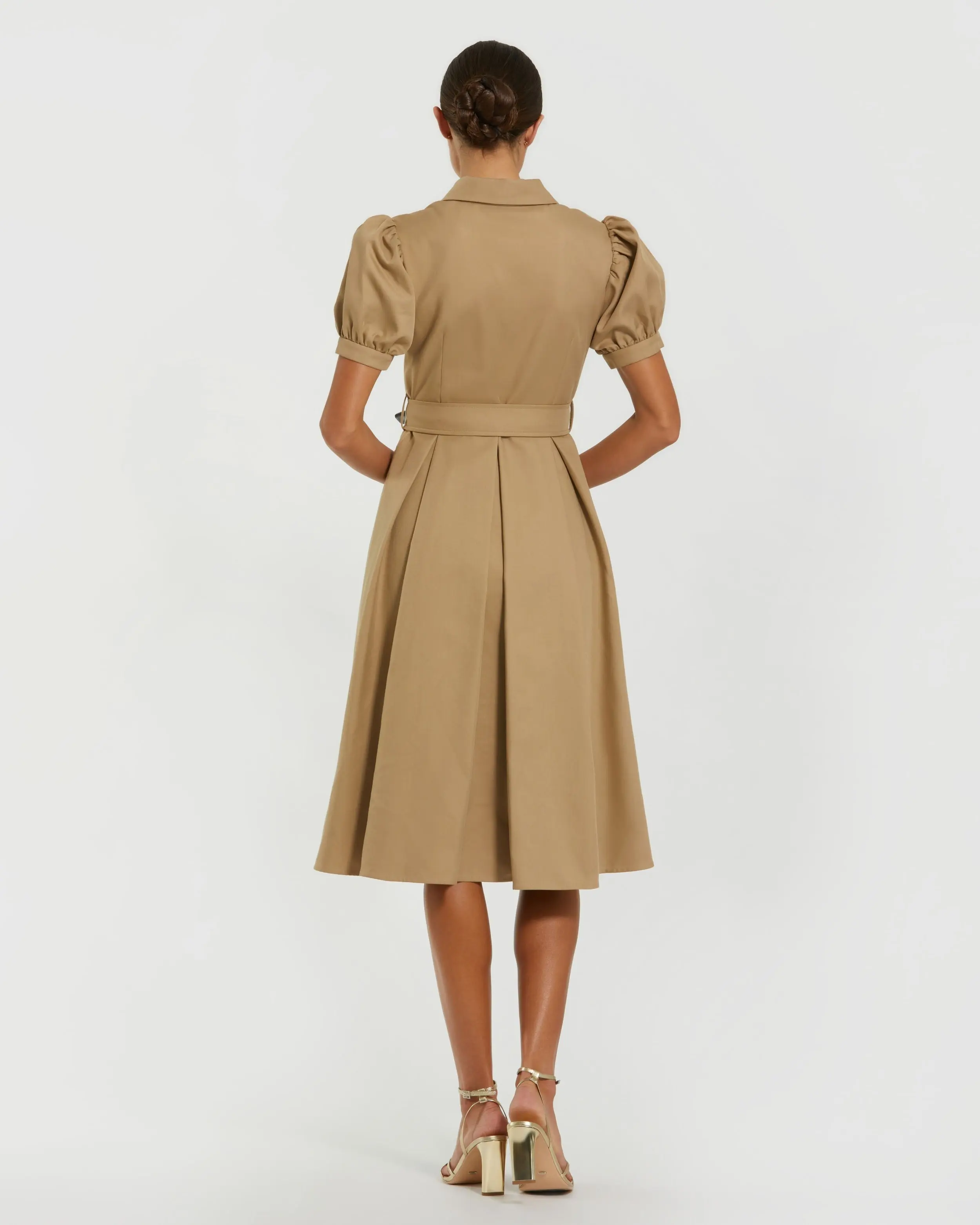 Beige Puff Sleeve Belted Midi Shirt Dress - Image 3