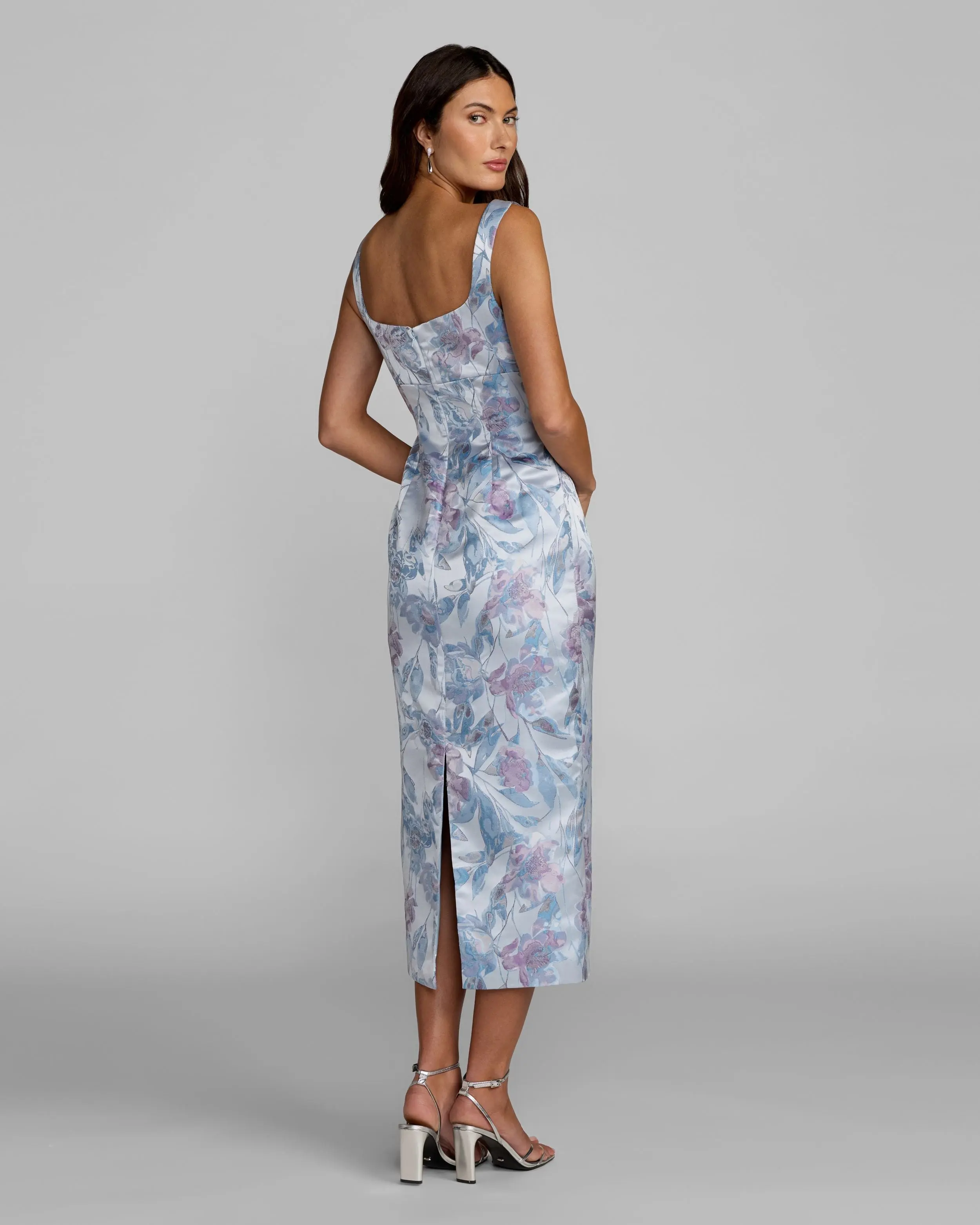 Blue Floral Square Neck Midi Dress - Image 4