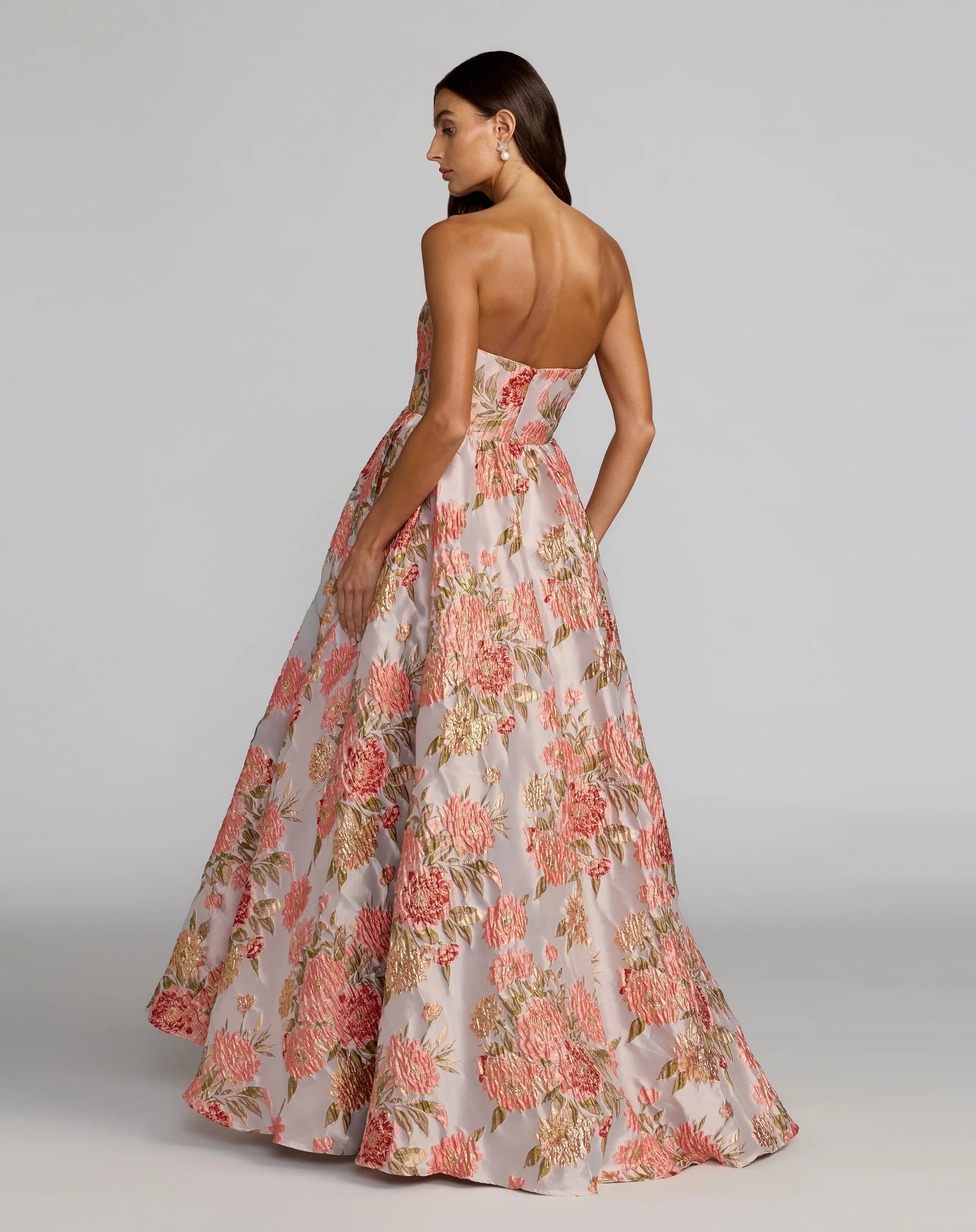 Pink Strapless Floral Brocade Ball Gown With Pockets - Image 4