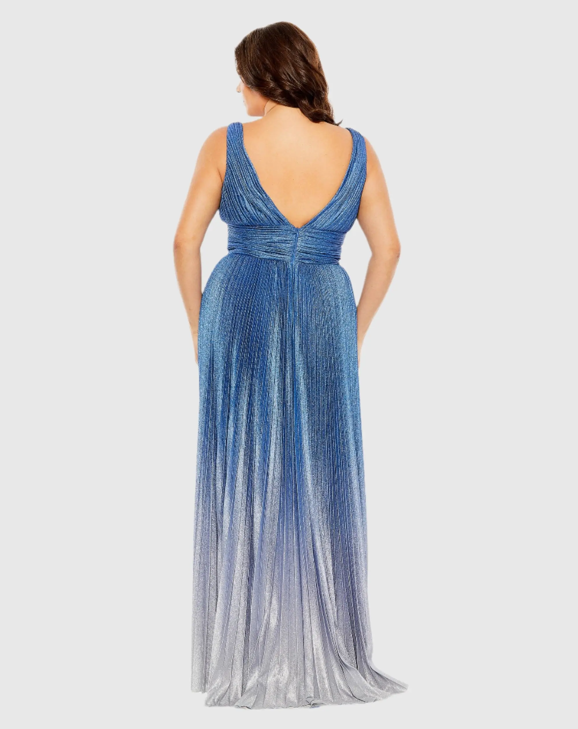 Blue V-Neck Ombre Pleated Gown - Image 3