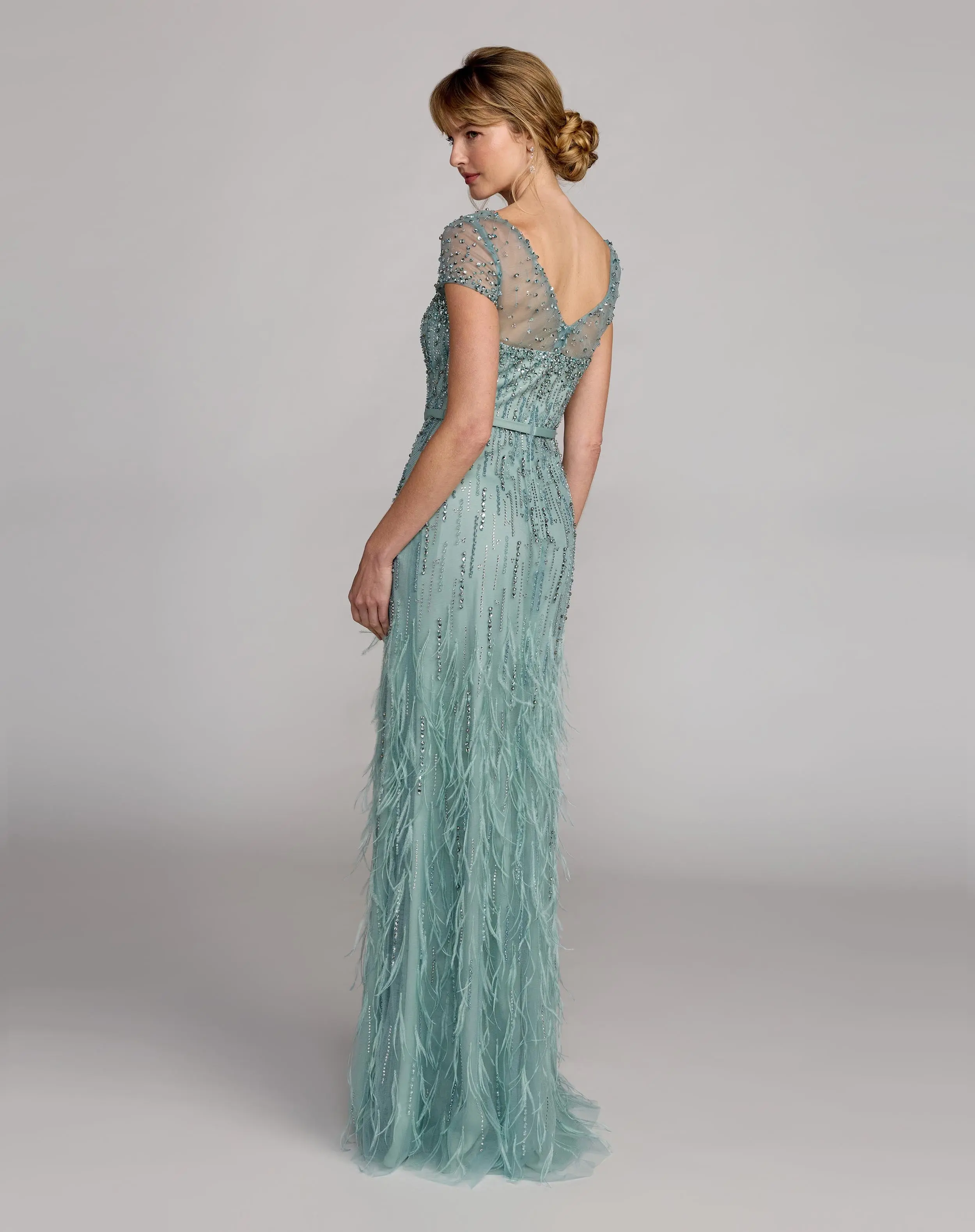 Blue Rhinestone Embellished Illusion Neck Feather Gown - Image 6