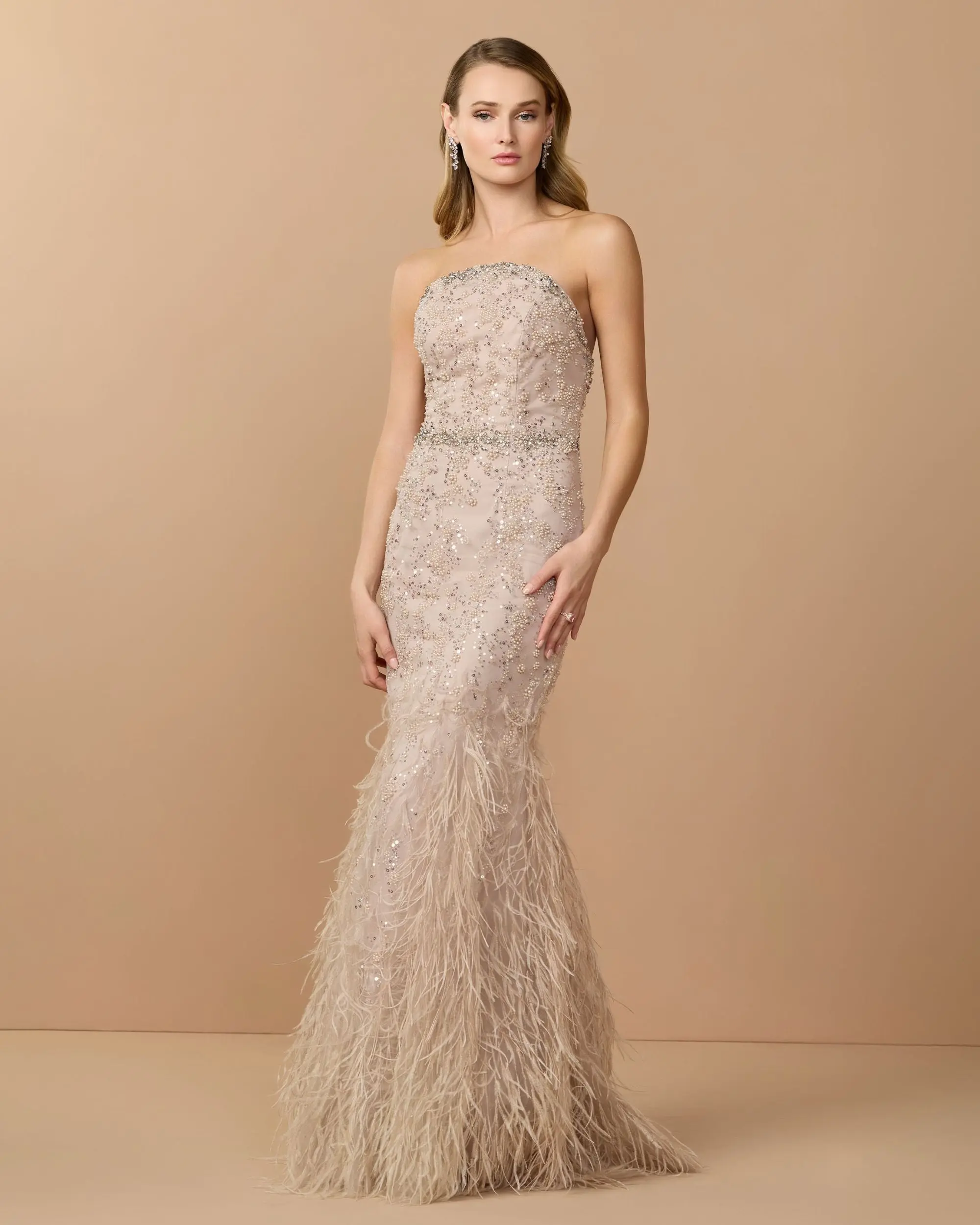 Beige Strapless Embellished Mermaid Gown With Feather Hem