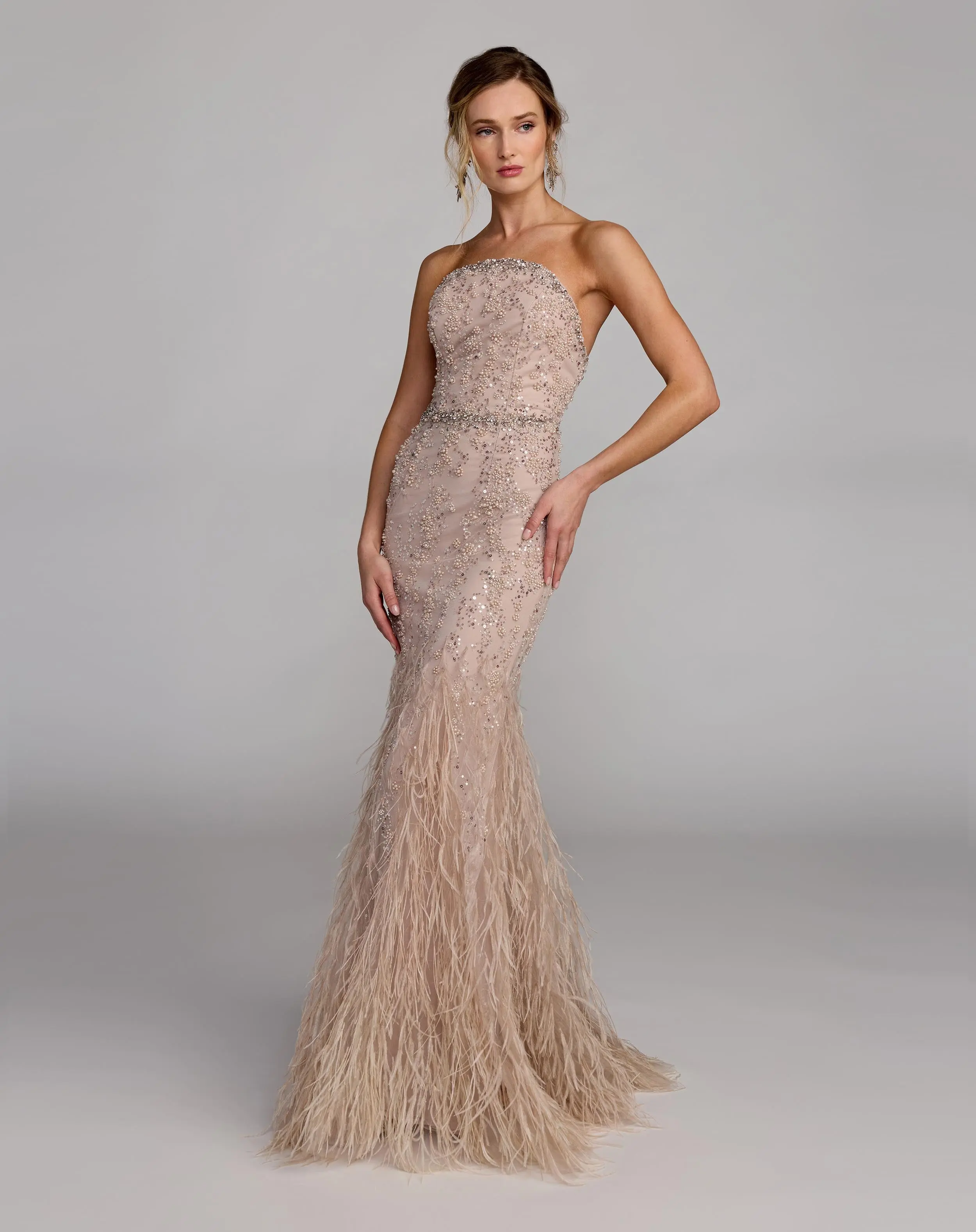 Beige Strapless Embellished Mermaid Gown With Feather Hem - Image 4