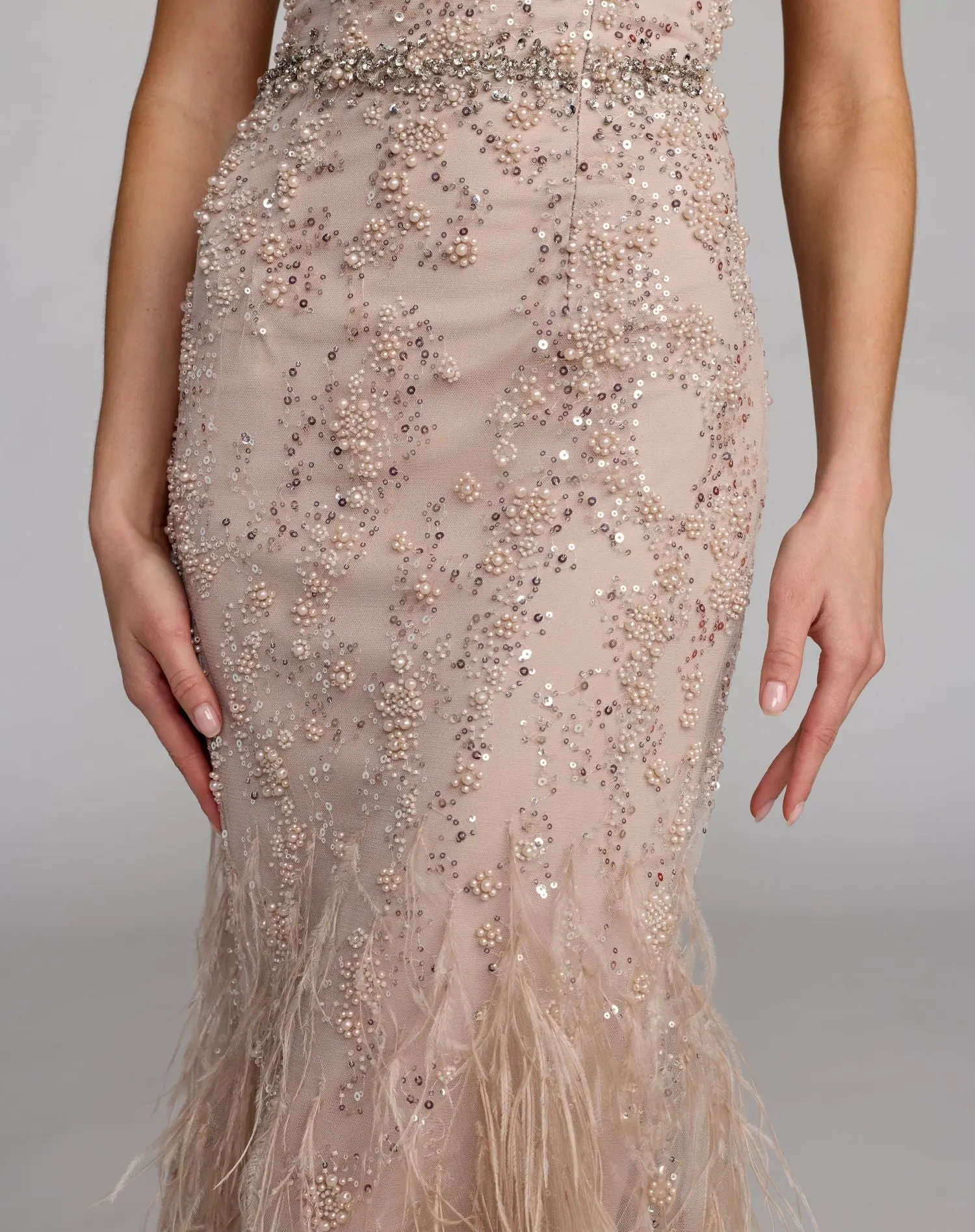 Beige Strapless Embellished Mermaid Gown With Feather Hem - Image 5