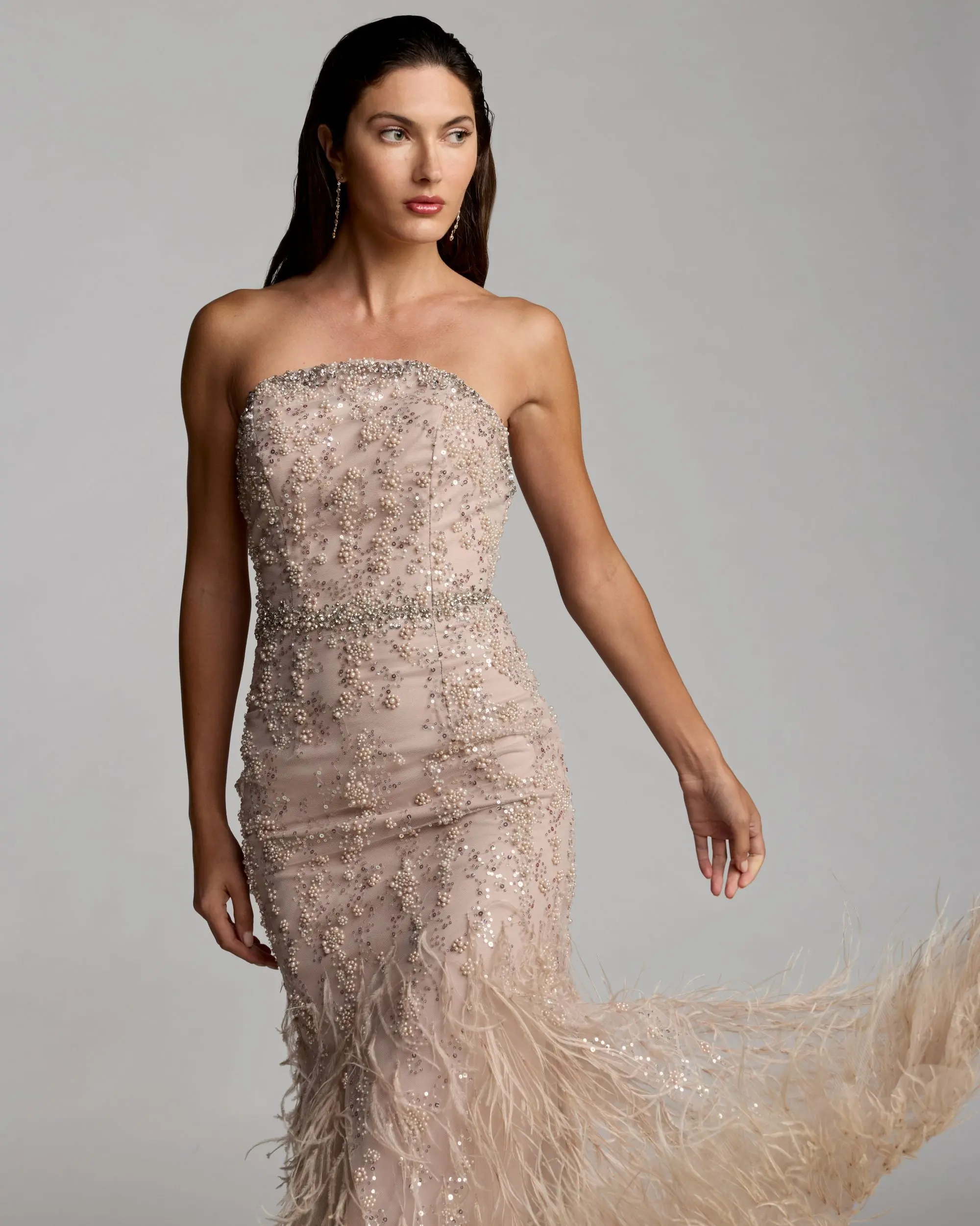 Beige Strapless Embellished Mermaid Gown With Feather Hem - Image 8