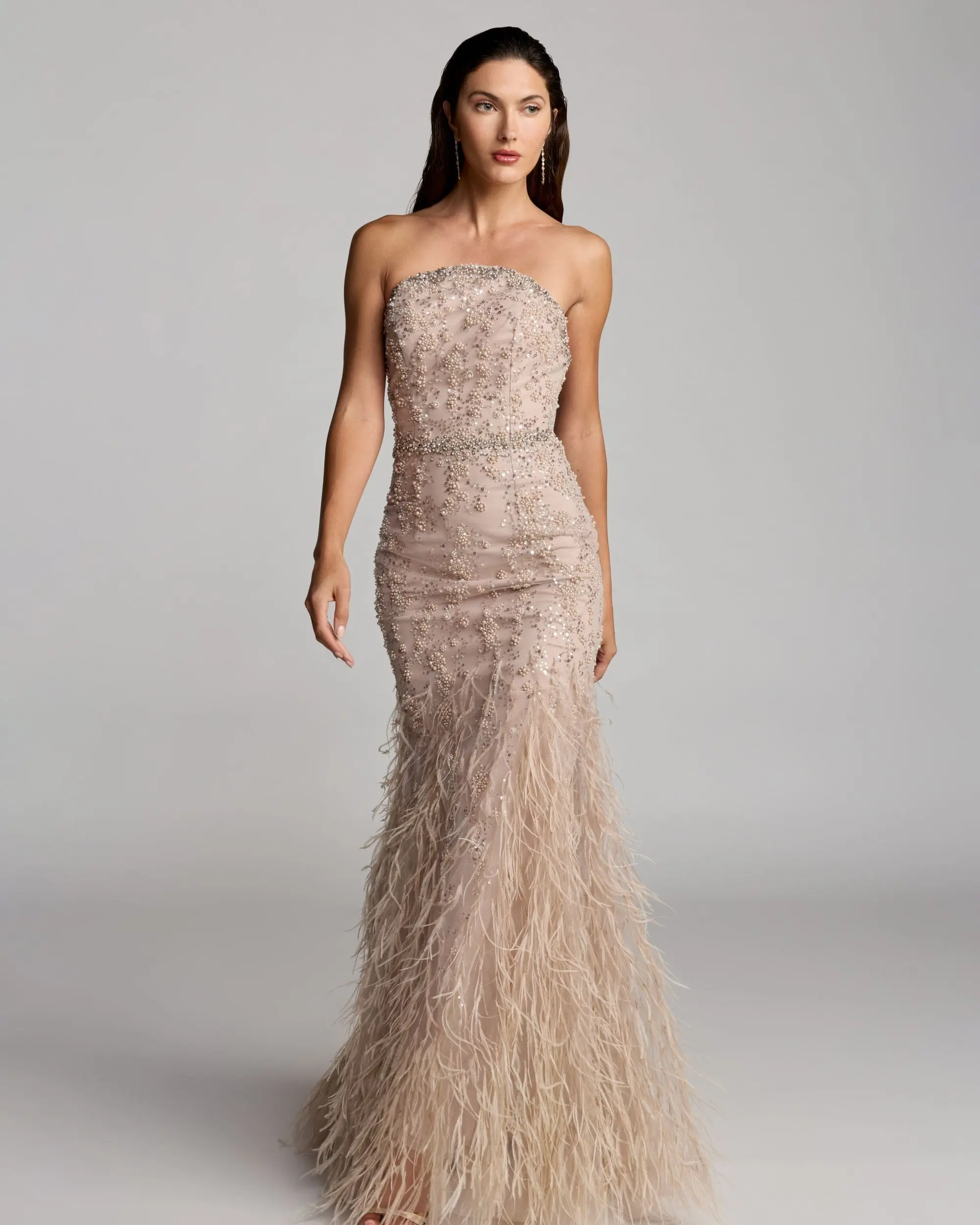 Beige Strapless Embellished Mermaid Gown With Feather Hem - Image 9