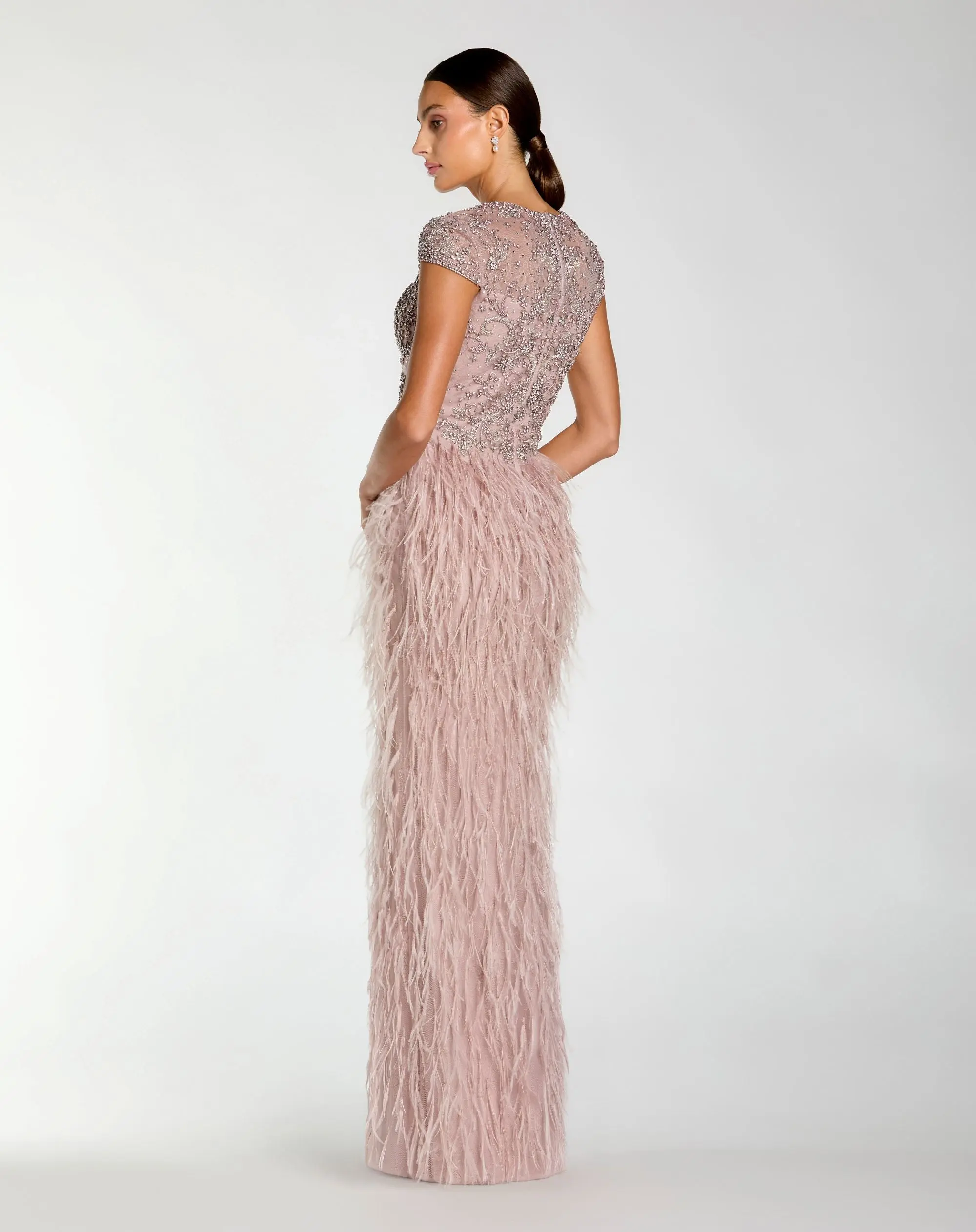 Pink Embellished Cap Sleeve Feather Gown - Image 6