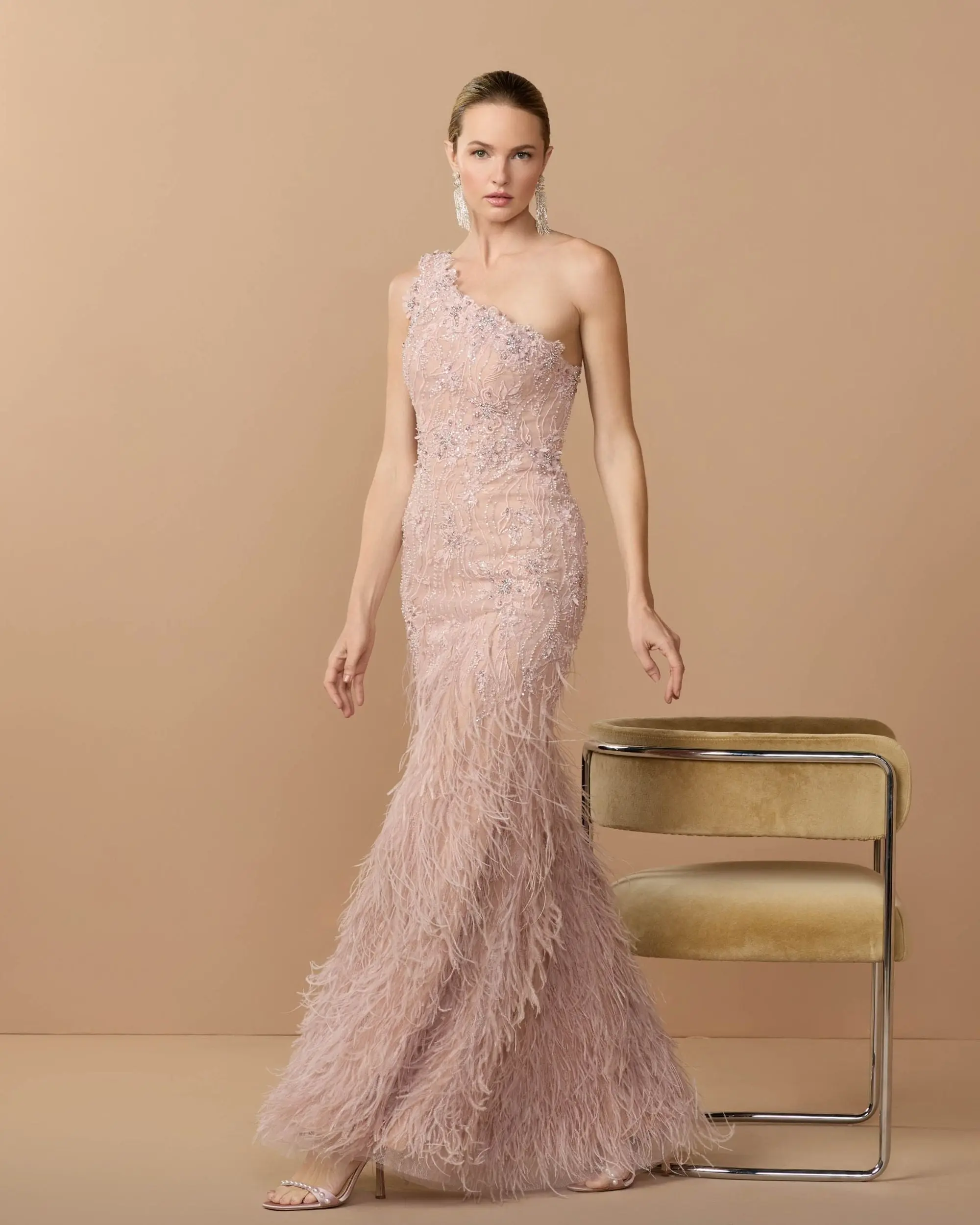 Pink Embellished Lace One Shoulder Feather Gown - Image 3