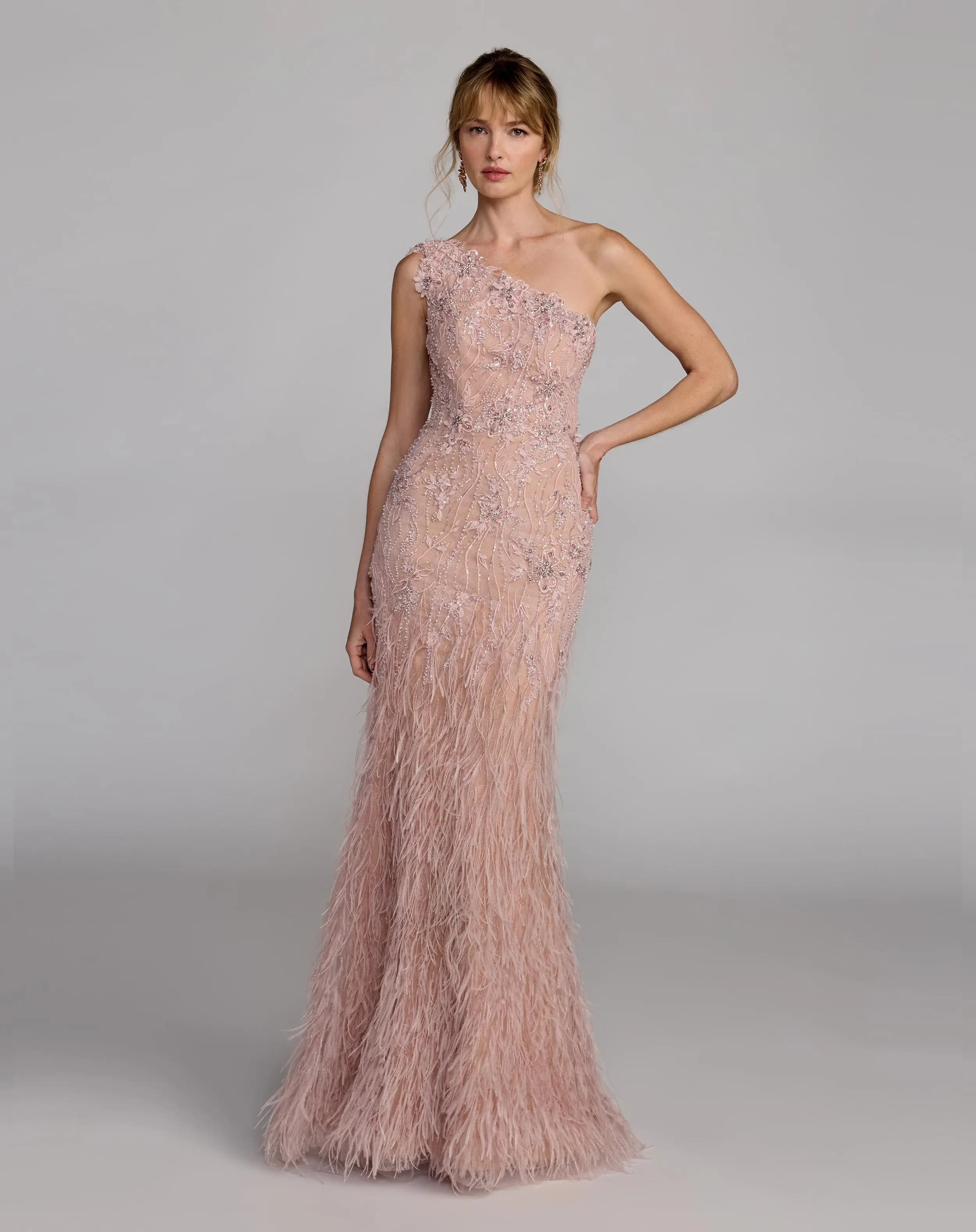 Pink Embellished Lace One Shoulder Feather Gown - Image 4