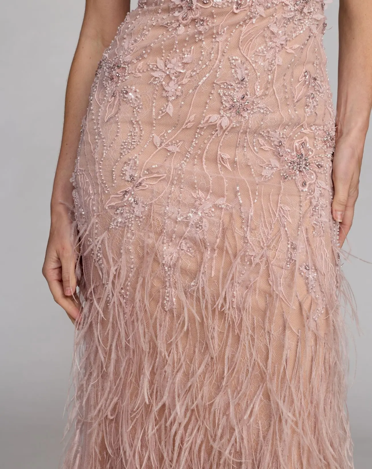Pink Embellished Lace One Shoulder Feather Gown - Image 6
