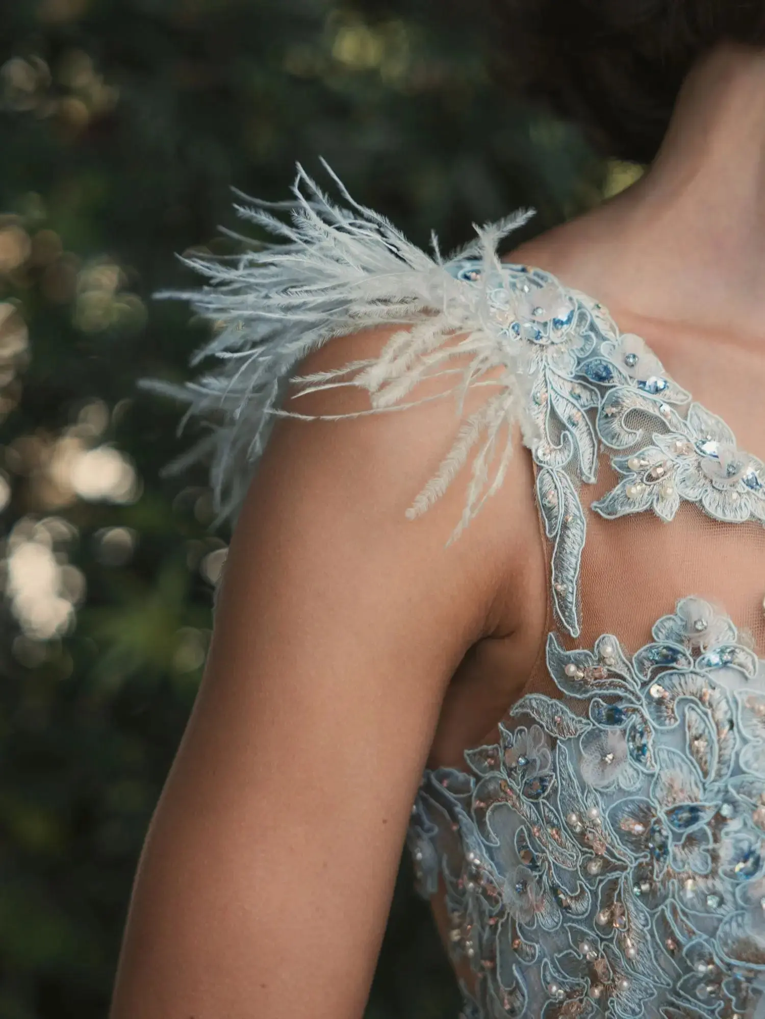 Blue Embellished Lace One Shoulder Gown With Feather Detail - Image 10