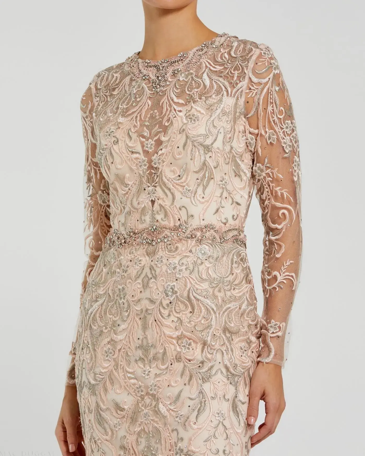 Pink Embroidered Long Sleeve Gown With Feather Hem - Image 5