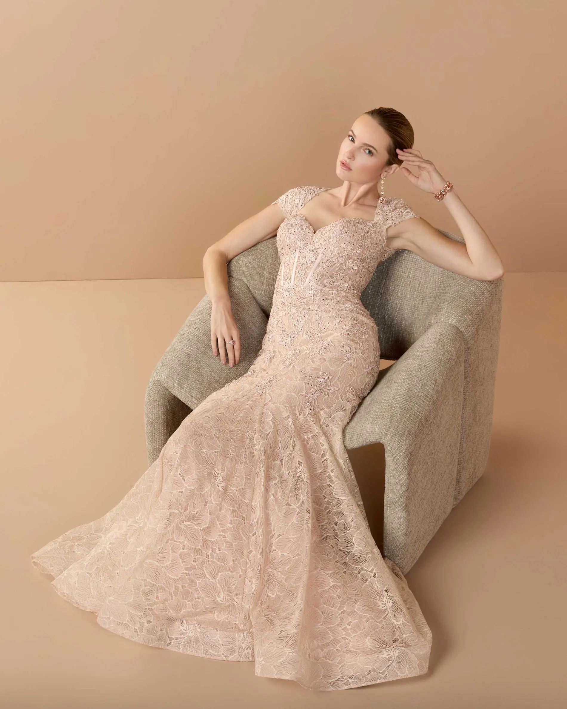 Pink Embroidered Lace Mermaid Gown With Cap Sleeves - Image 3