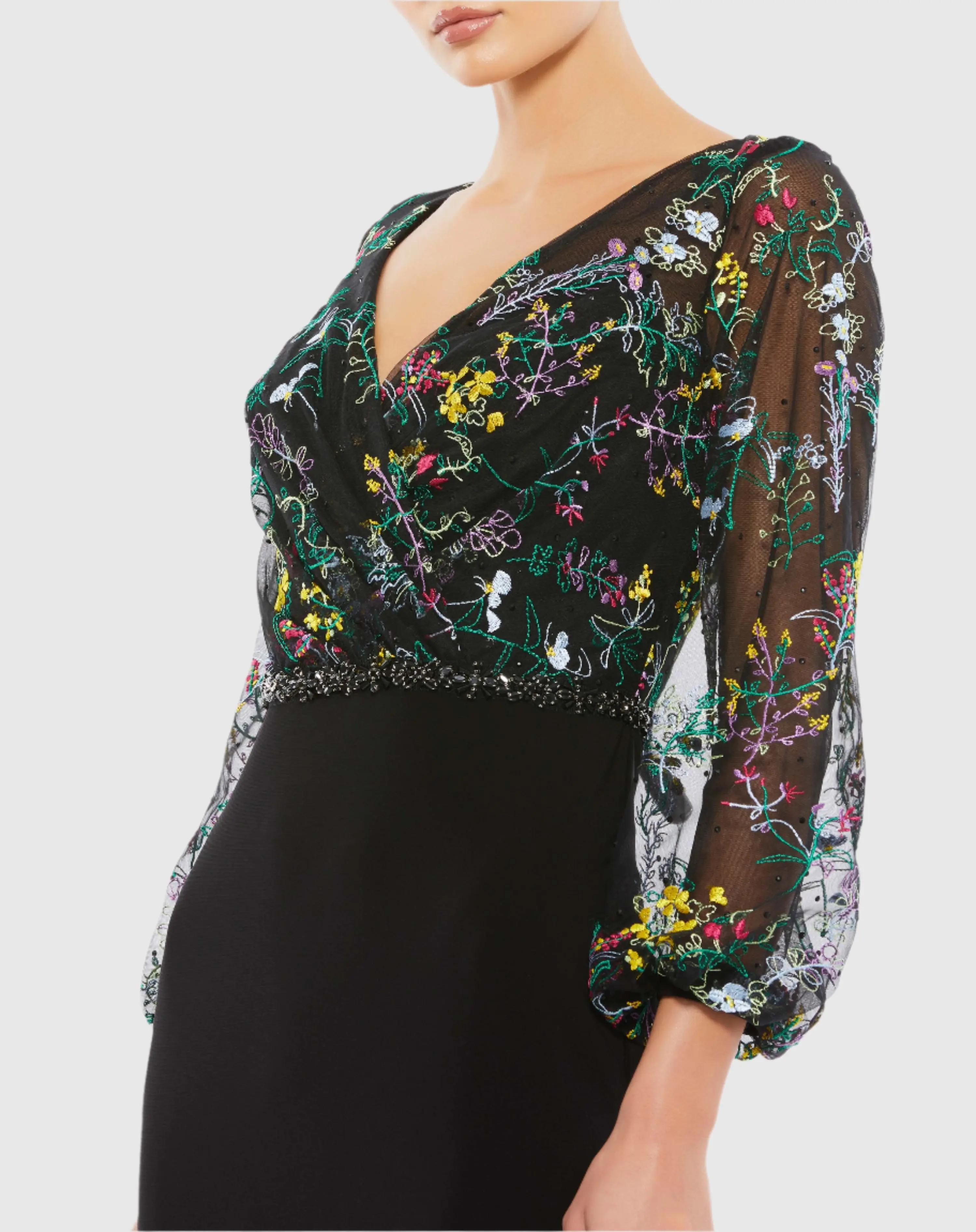 Black Embroidered Illusion Puff Sleeve Gown - Image 2