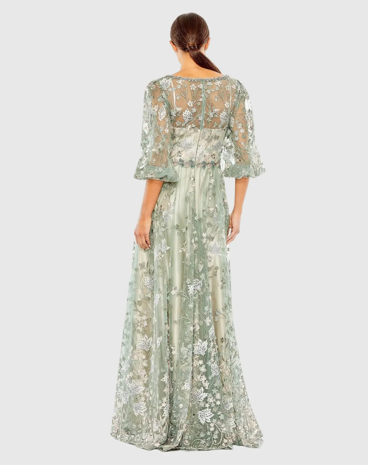 Green Embroidered A-Line Gown With 3/4 Puff Sleeves - Image 3