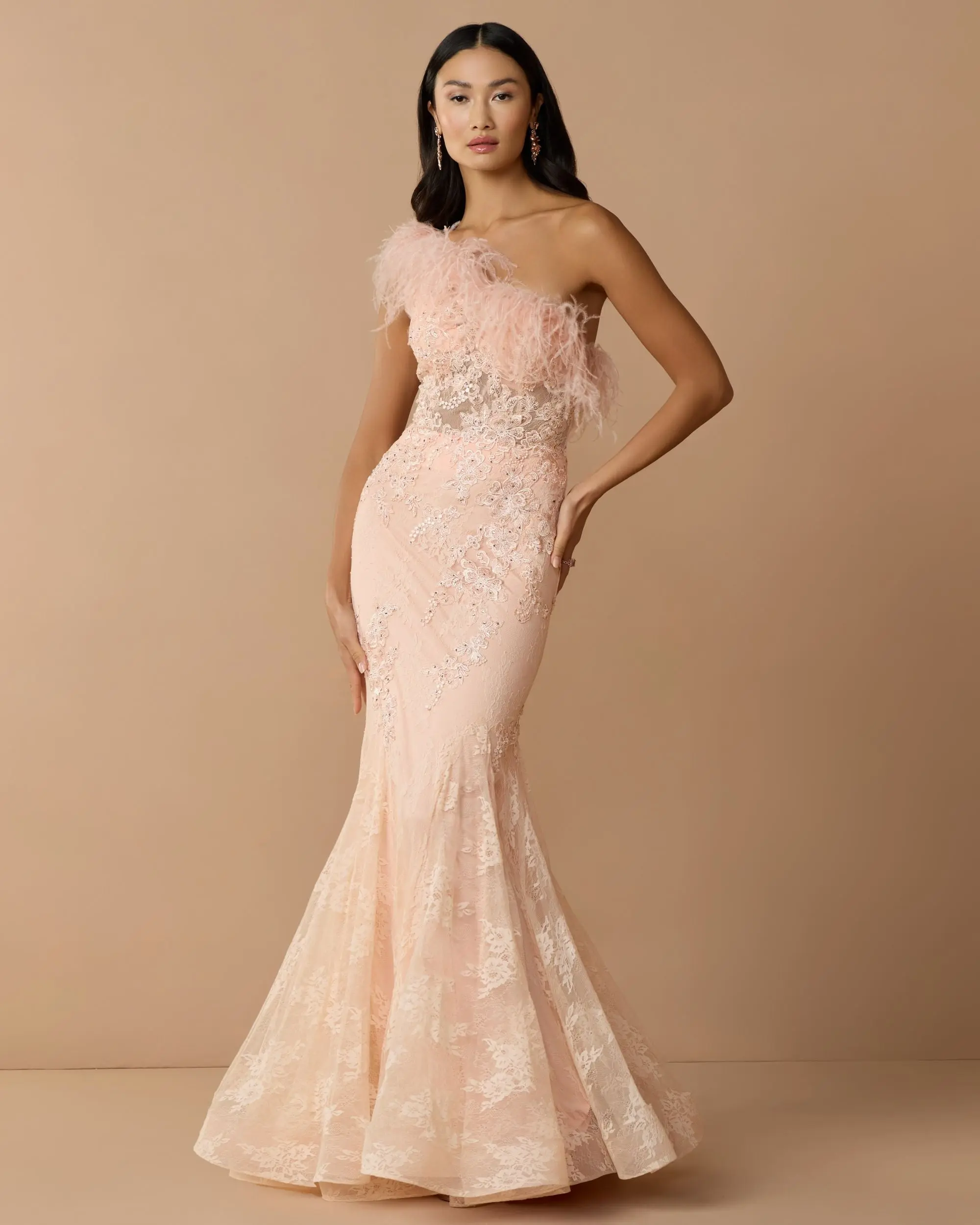 Pink One Shoulder Feather Embellished Mermaid Gown
