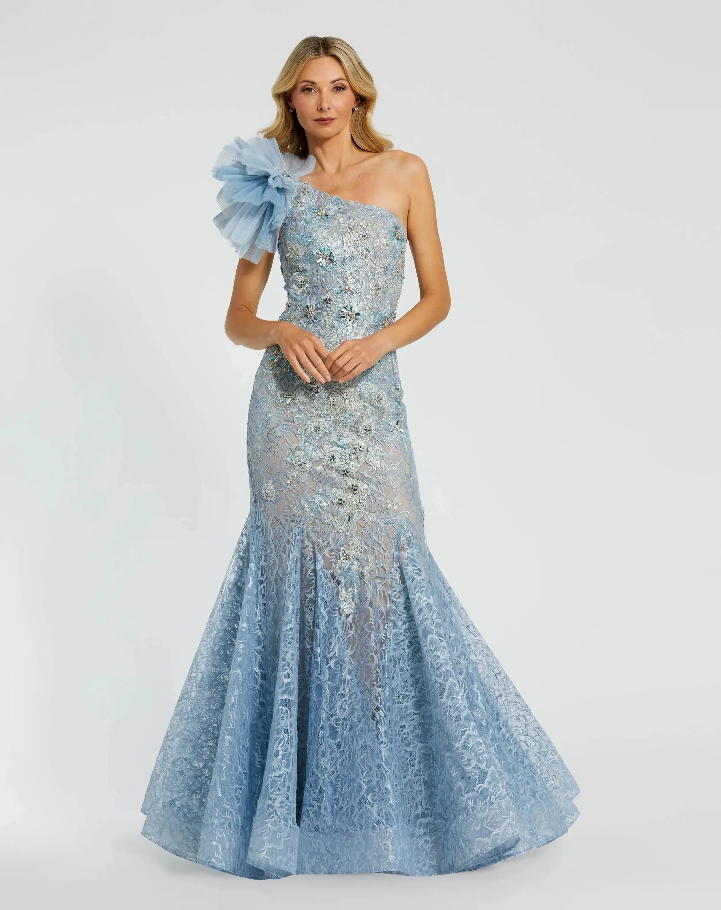 Blue Sleeveless One Shoulder Embroidered Mermaid Gown - Image 4