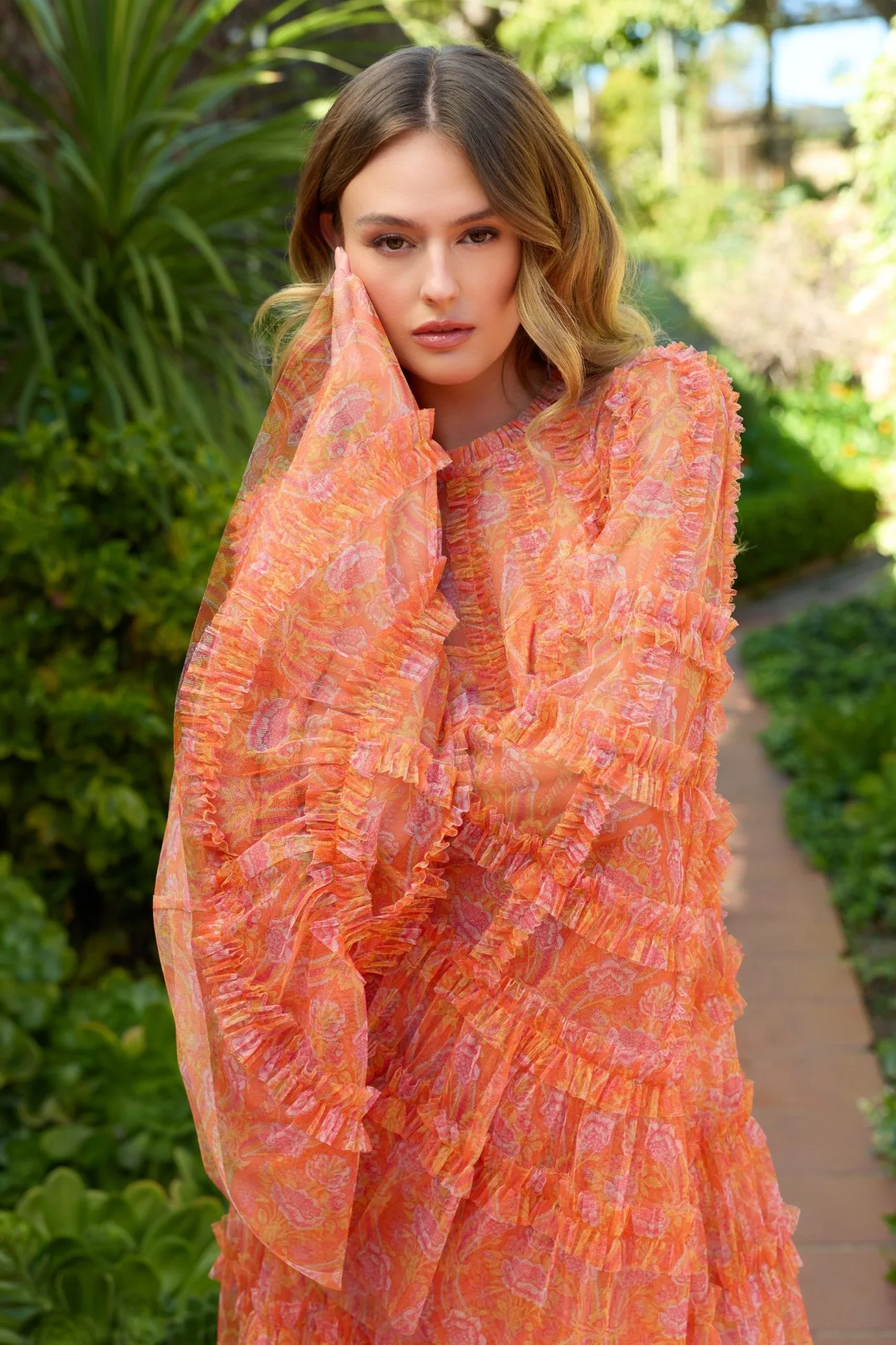 Orange Floral Ruffle Long Sleeve Mini Dress - Image 5