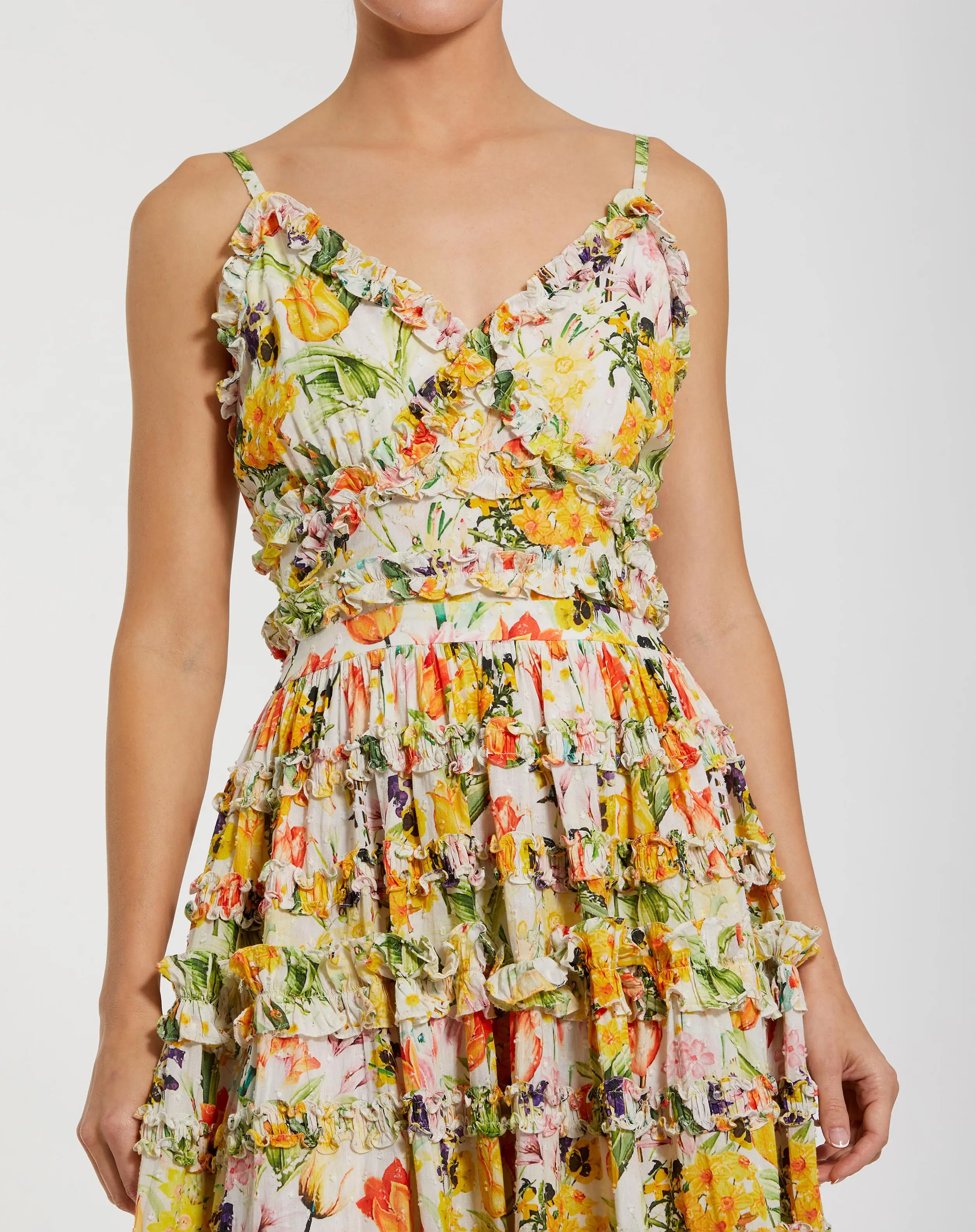 Yellow Floral Printed Micro Ruffle Cotton Midi Dress - Image 2