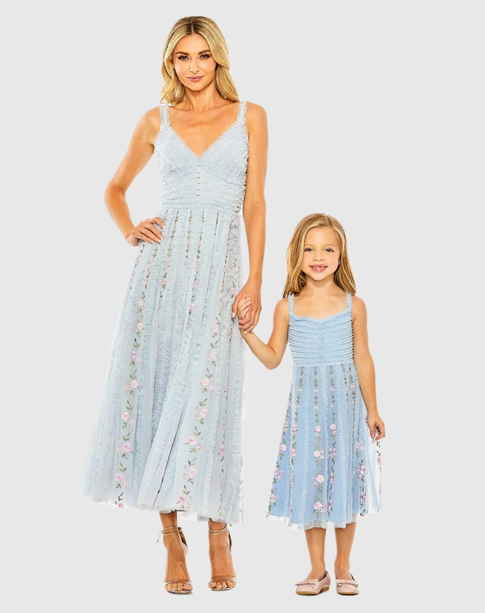 Girls Light Blue Ruffle Floral Embroidered Detail Mini Dress - Image 4