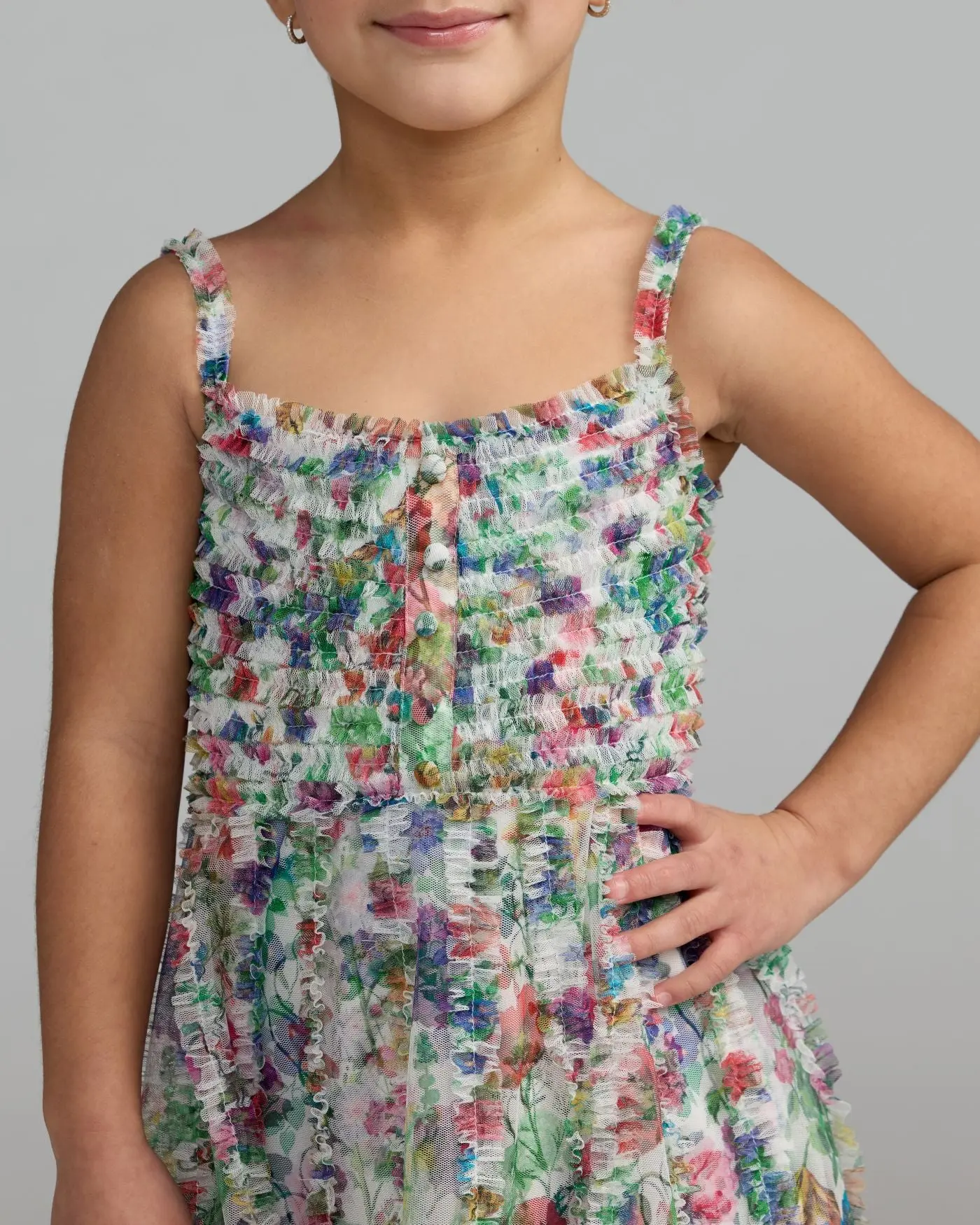 Girls Multicolor Floral Print Ruffle Mini Dress - Image 2