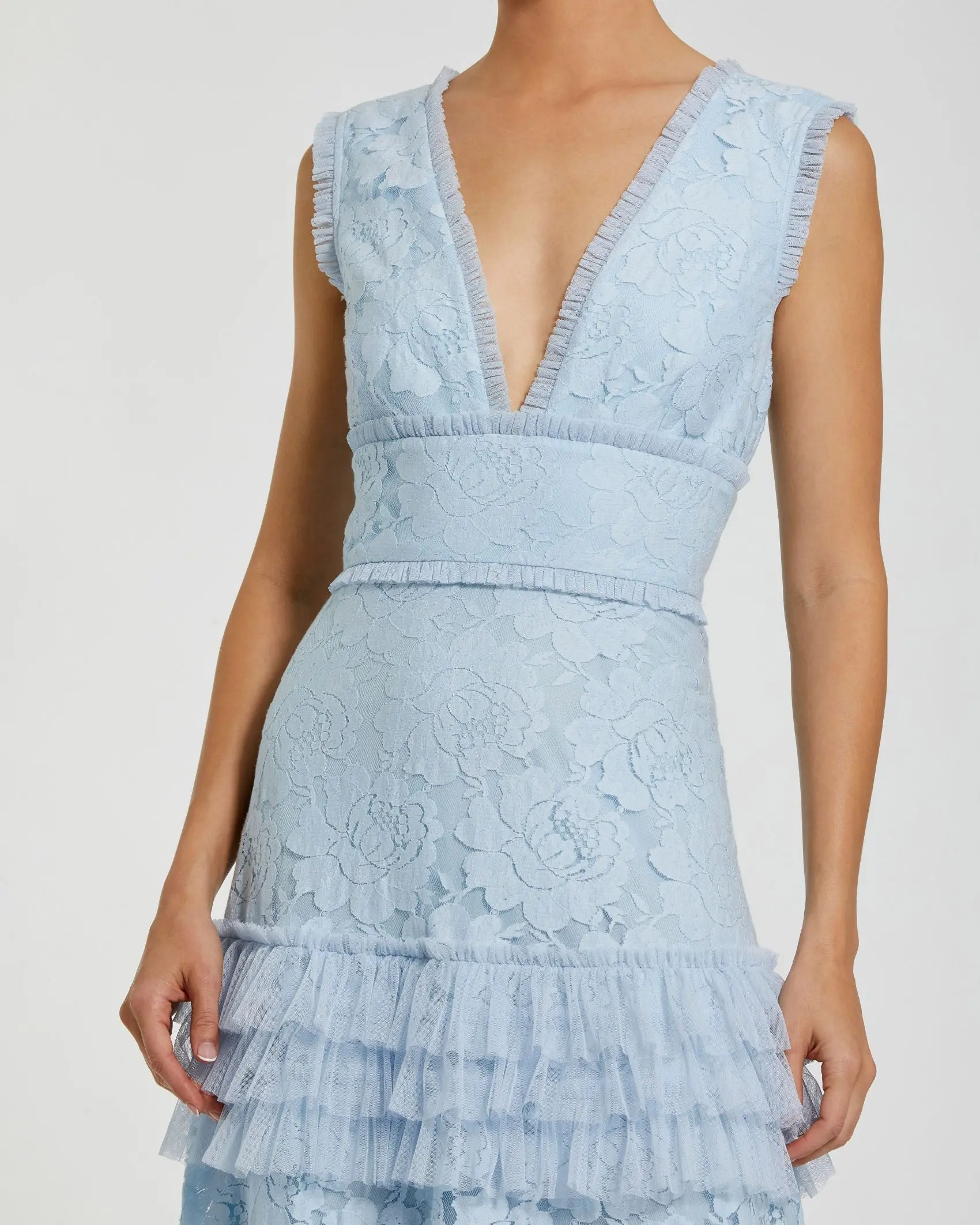 Blue V Neck Lace Tiered Ruffle Gown - Image 2