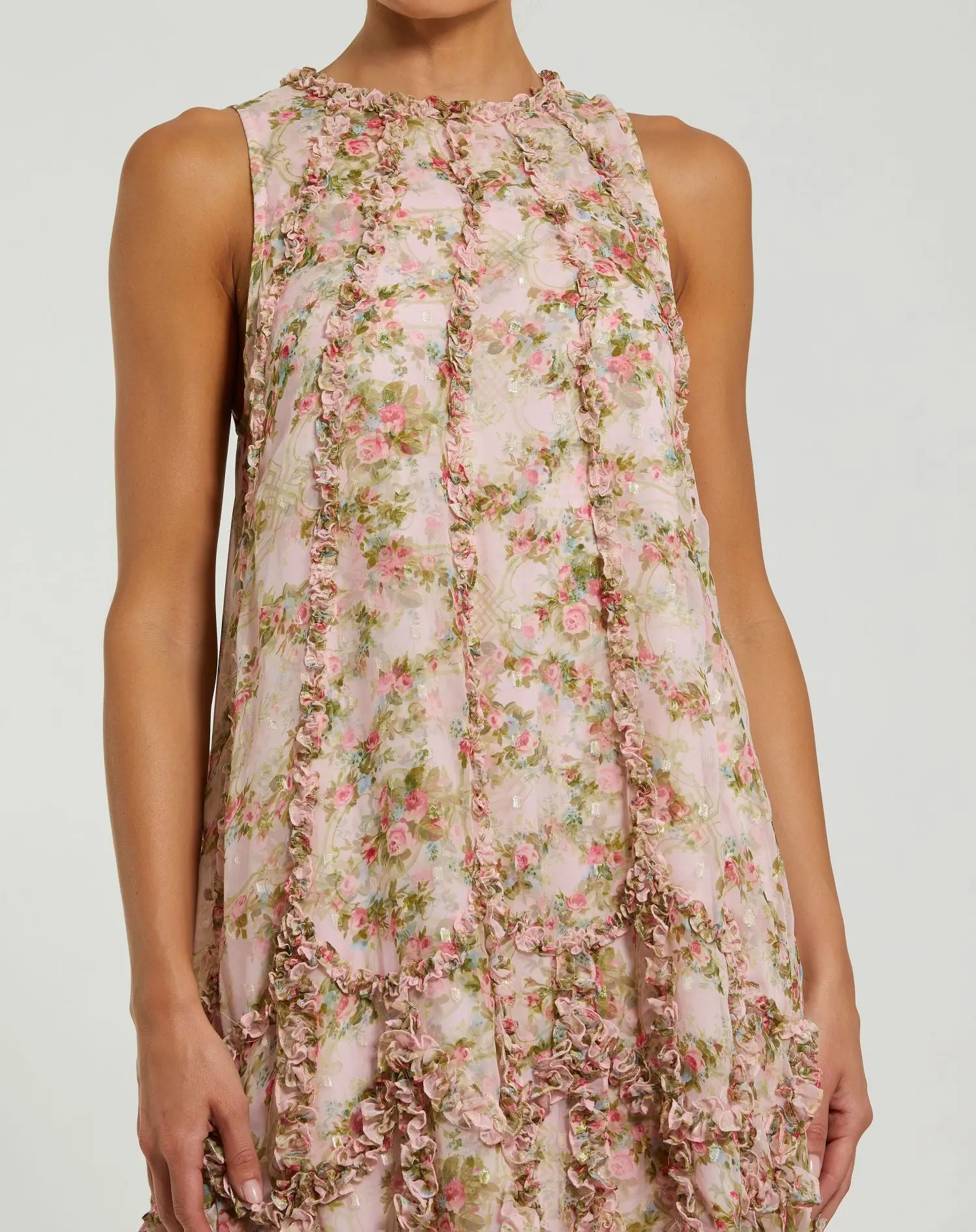 Pink Sleeveless Floral Micro Ruffle Trapeze Midi Dress - Image 2