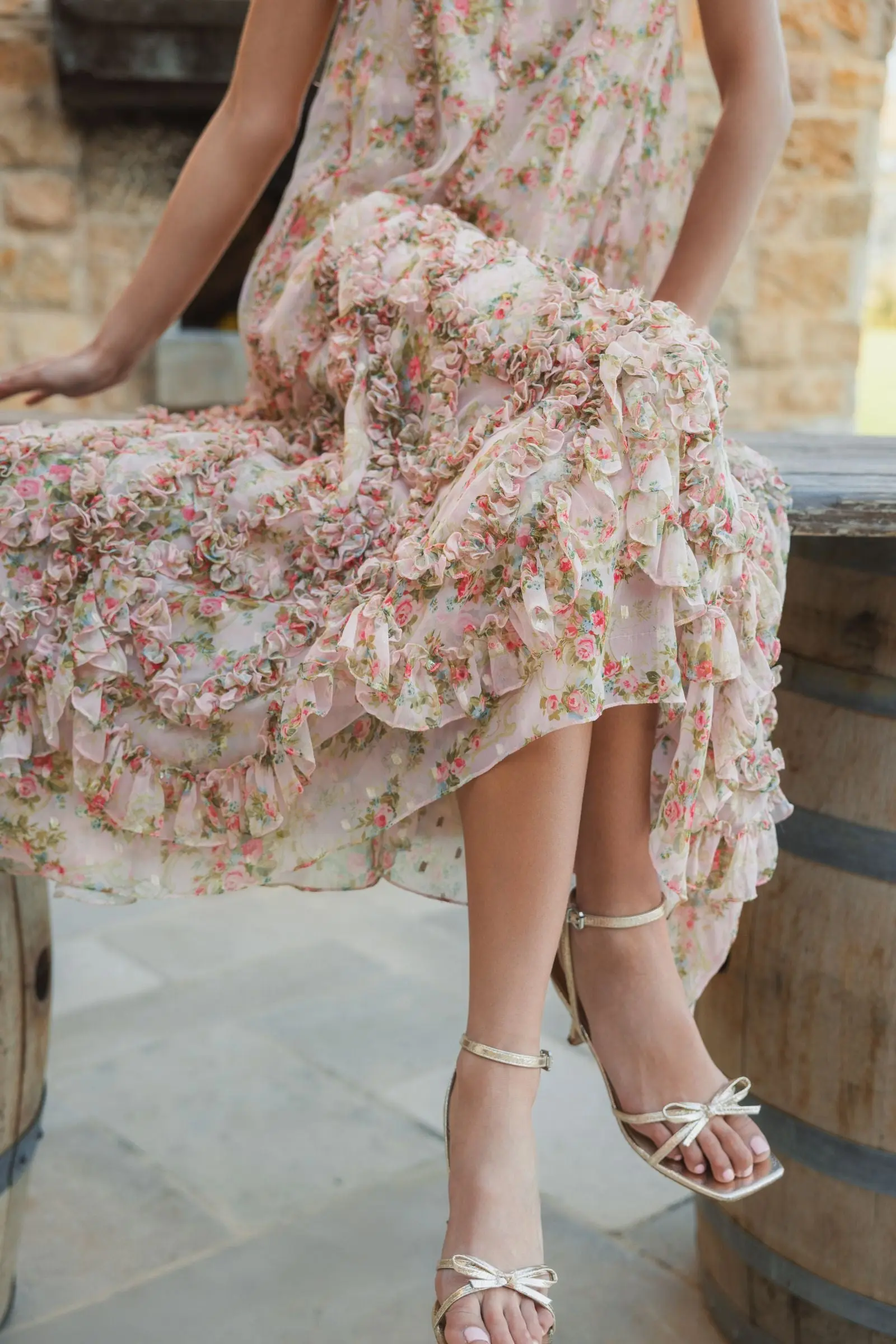 Pink Sleeveless Floral Micro Ruffle Trapeze Midi Dress - Image 5