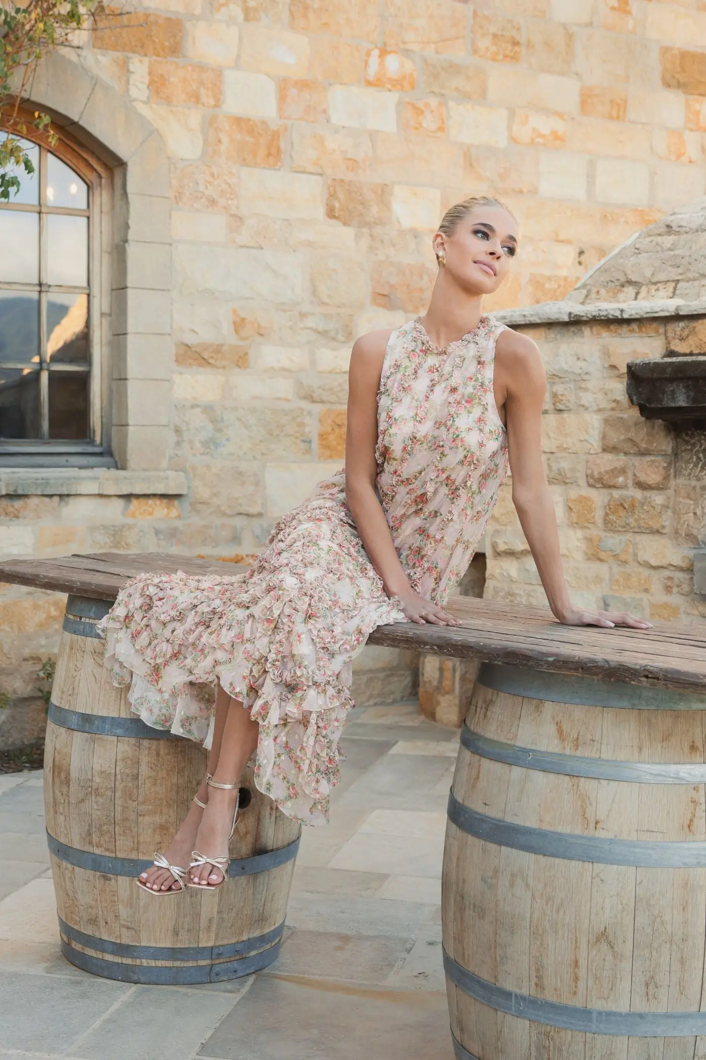 Pink Sleeveless Floral Micro Ruffle Trapeze Midi Dress - Image 6