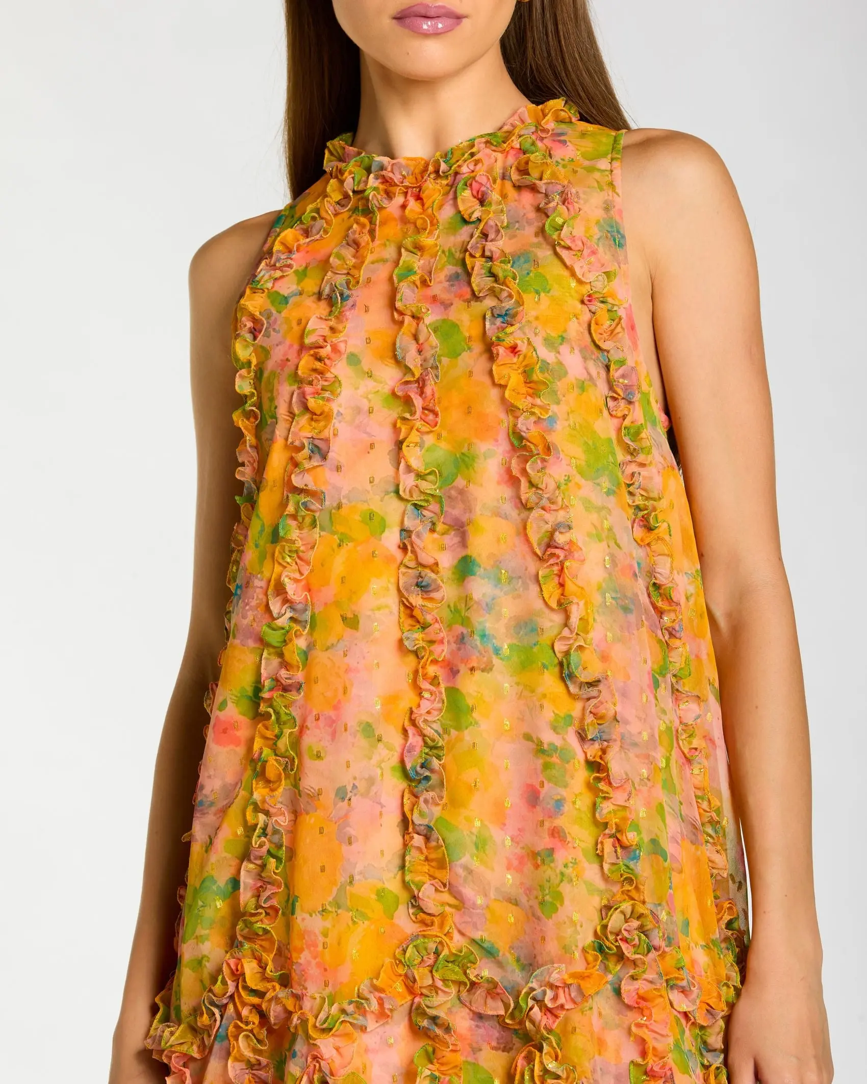 Yellow Sleeveless Floral Micro Ruffle Trapeze Midi Dress - Image 2