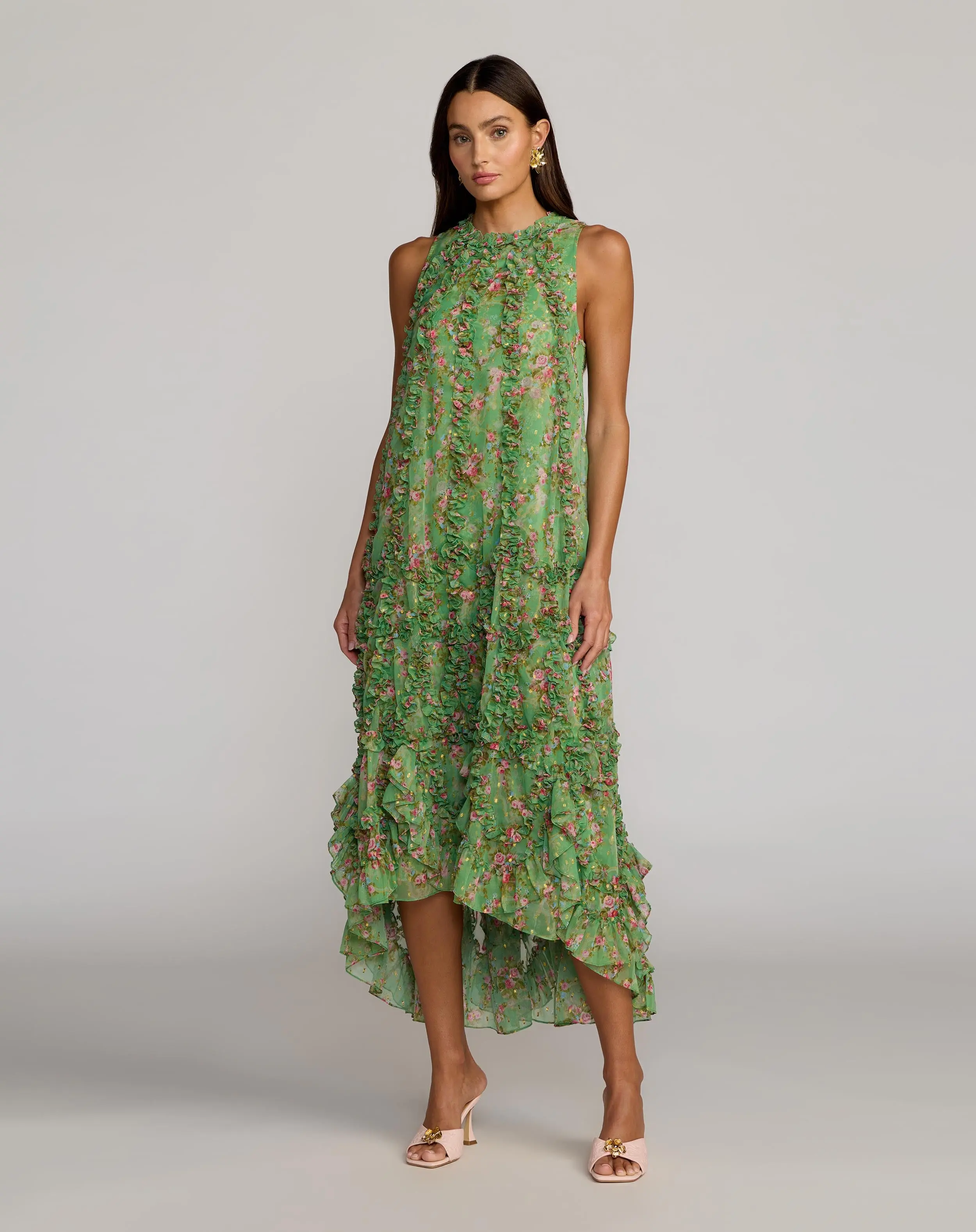 Green Sleeveless Floral Chiffon Micro Ruffle Trapeze Midi Dress