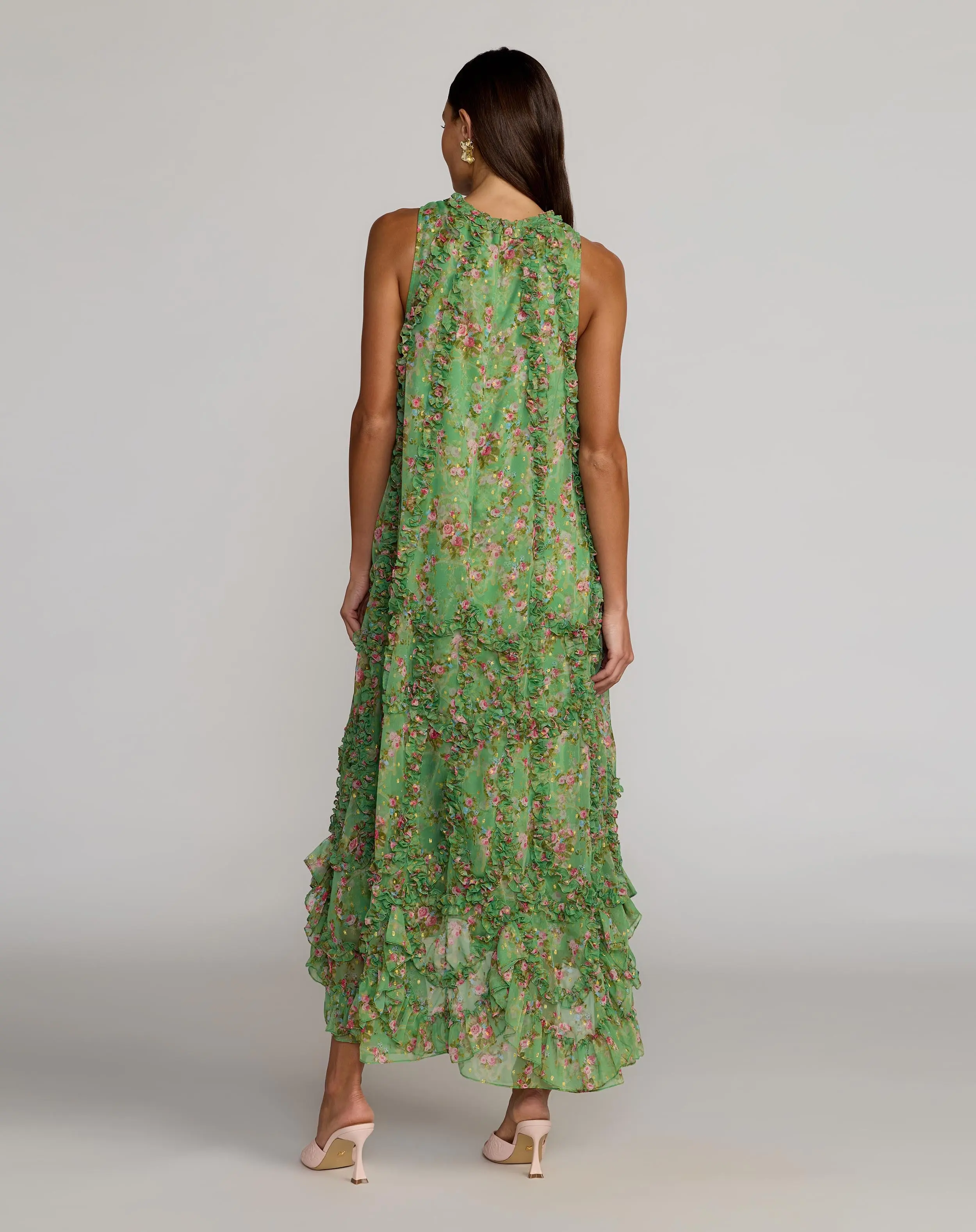 Green Sleeveless Floral Chiffon Micro Ruffle Trapeze Midi Dress - Image 3