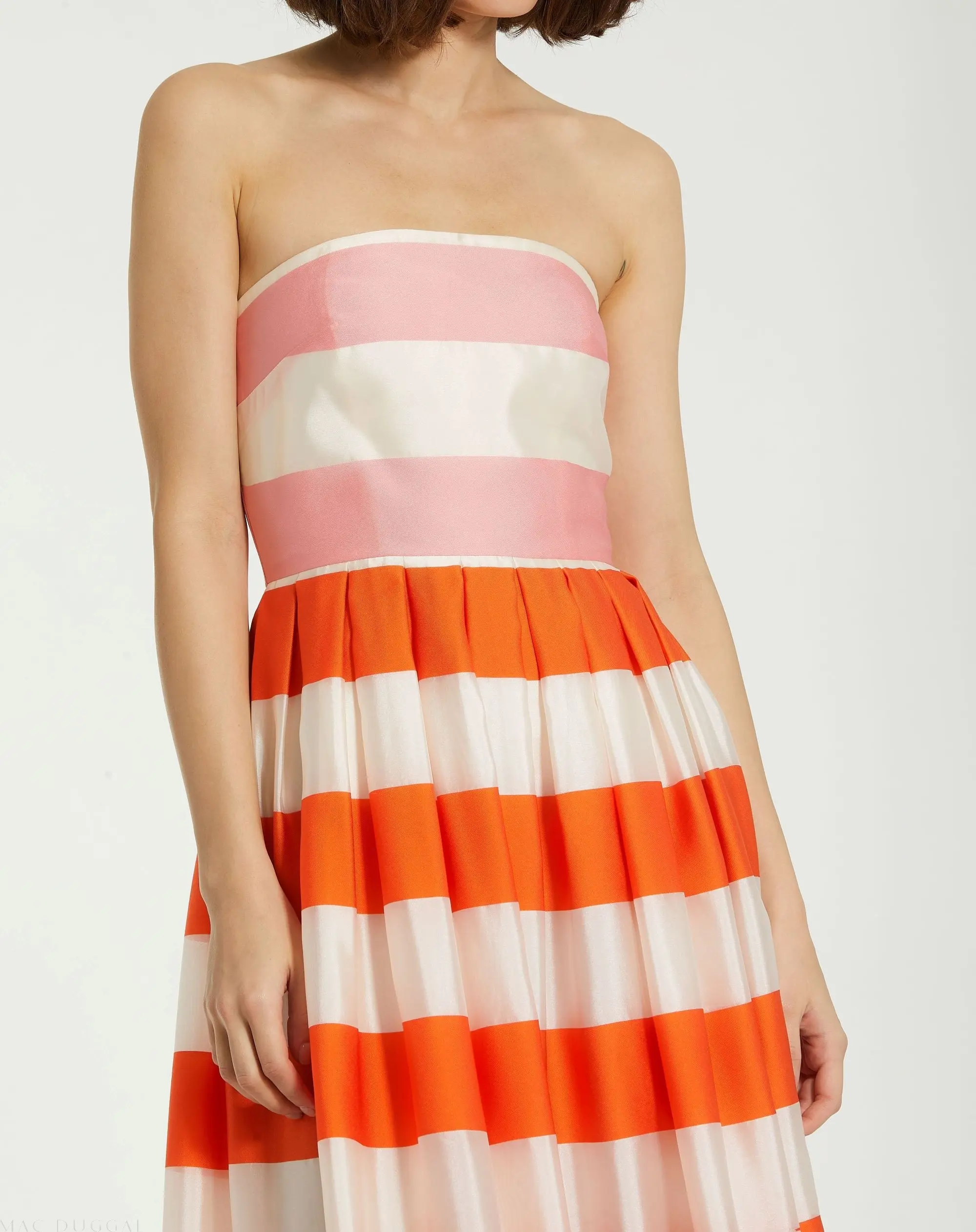 Multicolor Striped Organza Strapless Ruffle Maxi Dress - Image 3