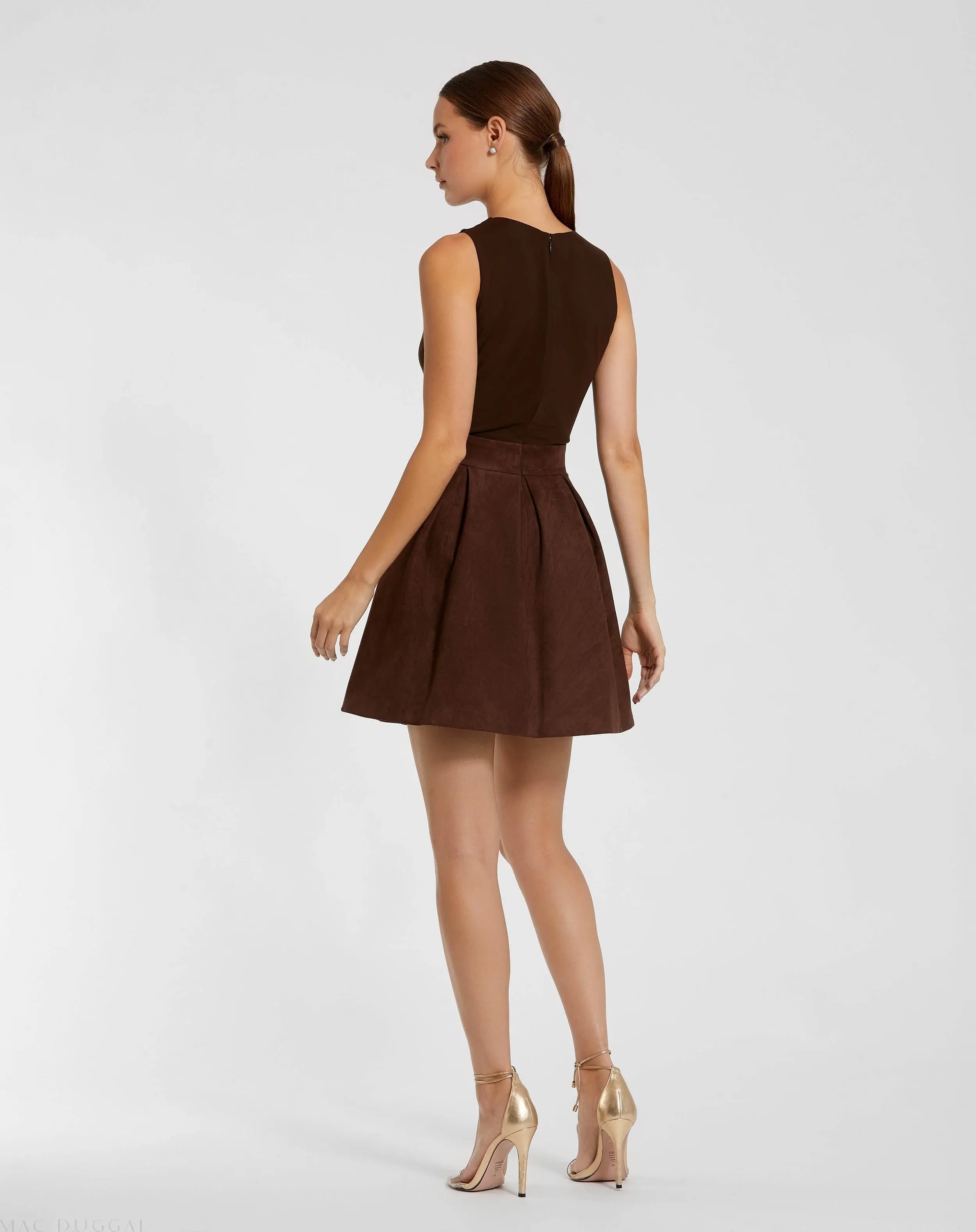 Brown Sleeveless Mesh And Suede A Line Mini Dress - Image 3