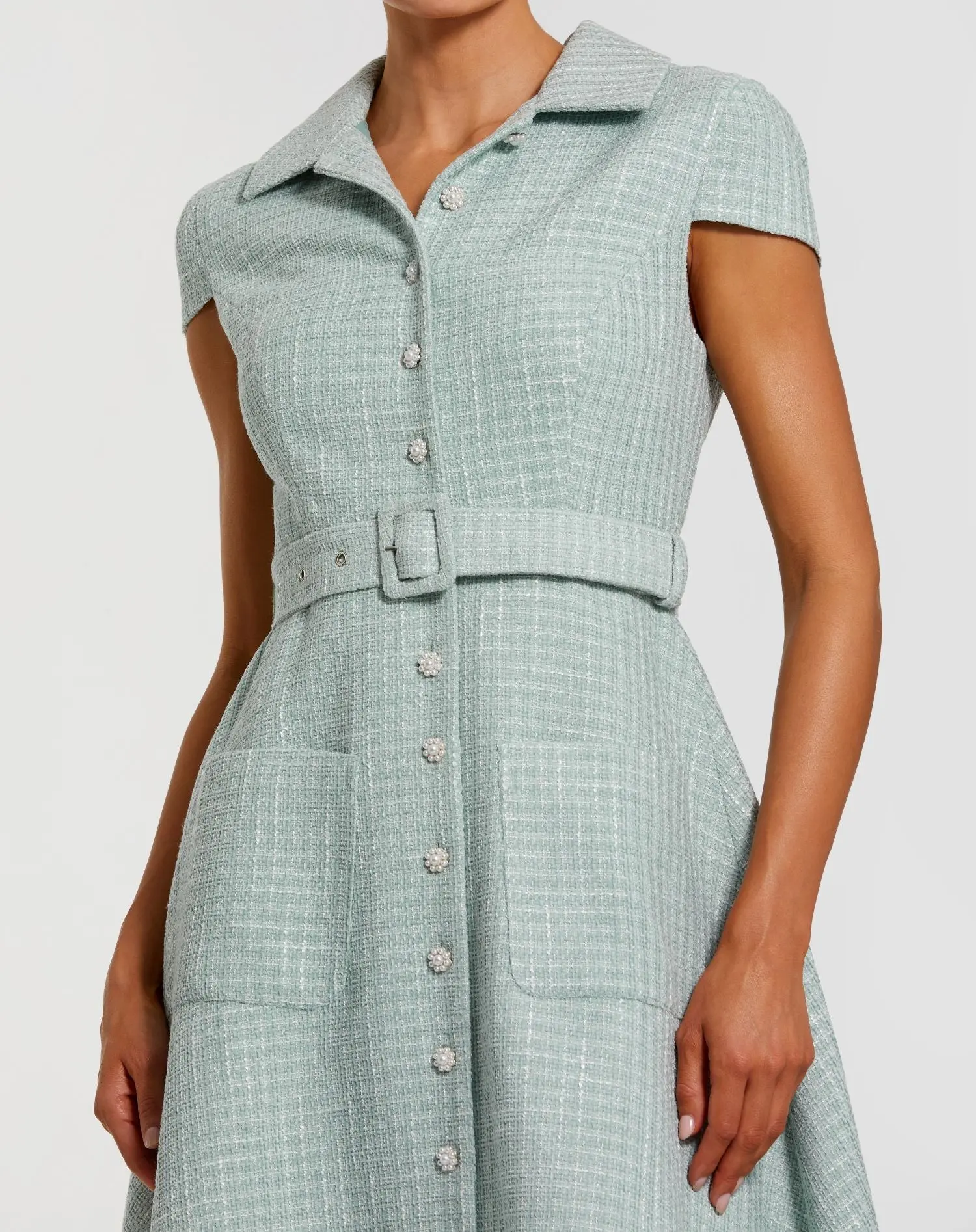 Light Blue Boucle Cap Sleeve Button Up Midi Dress - Image 2