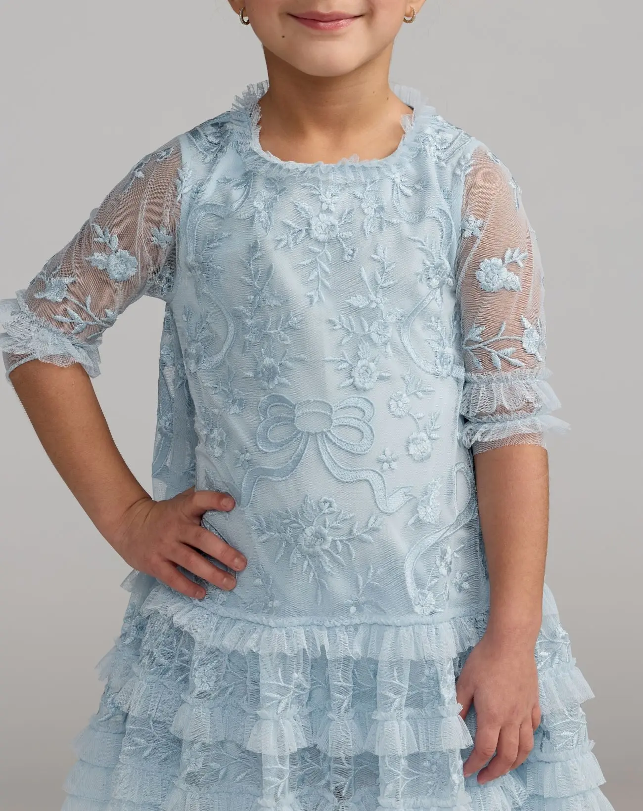 Girls Blue Micro Ruffle Embroidered Mini Dress - Image 2