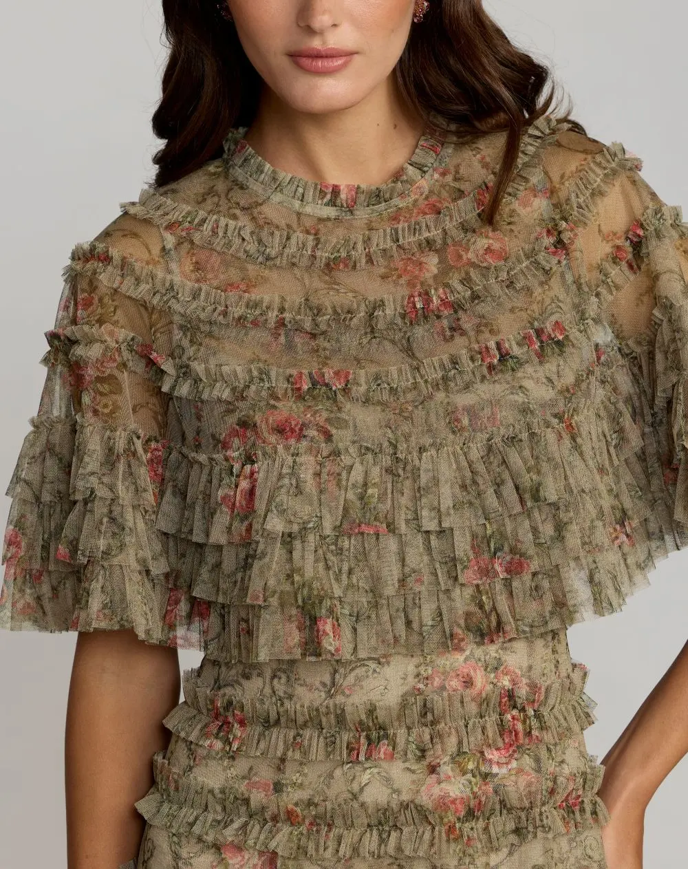 Green Floral Ruffle Midi Dress With Cape - Image 2