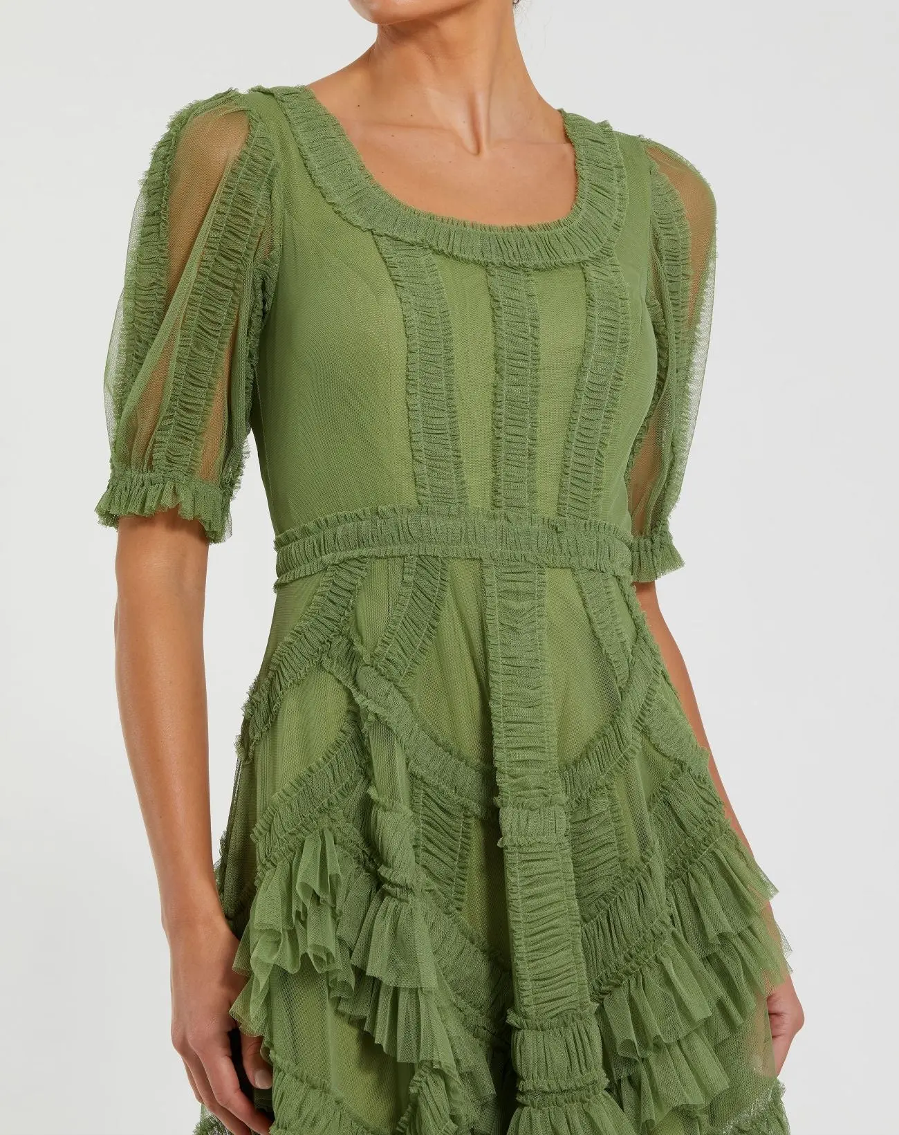 Green Short Sleeve Micro Ruffle Midi Dress - Image 2