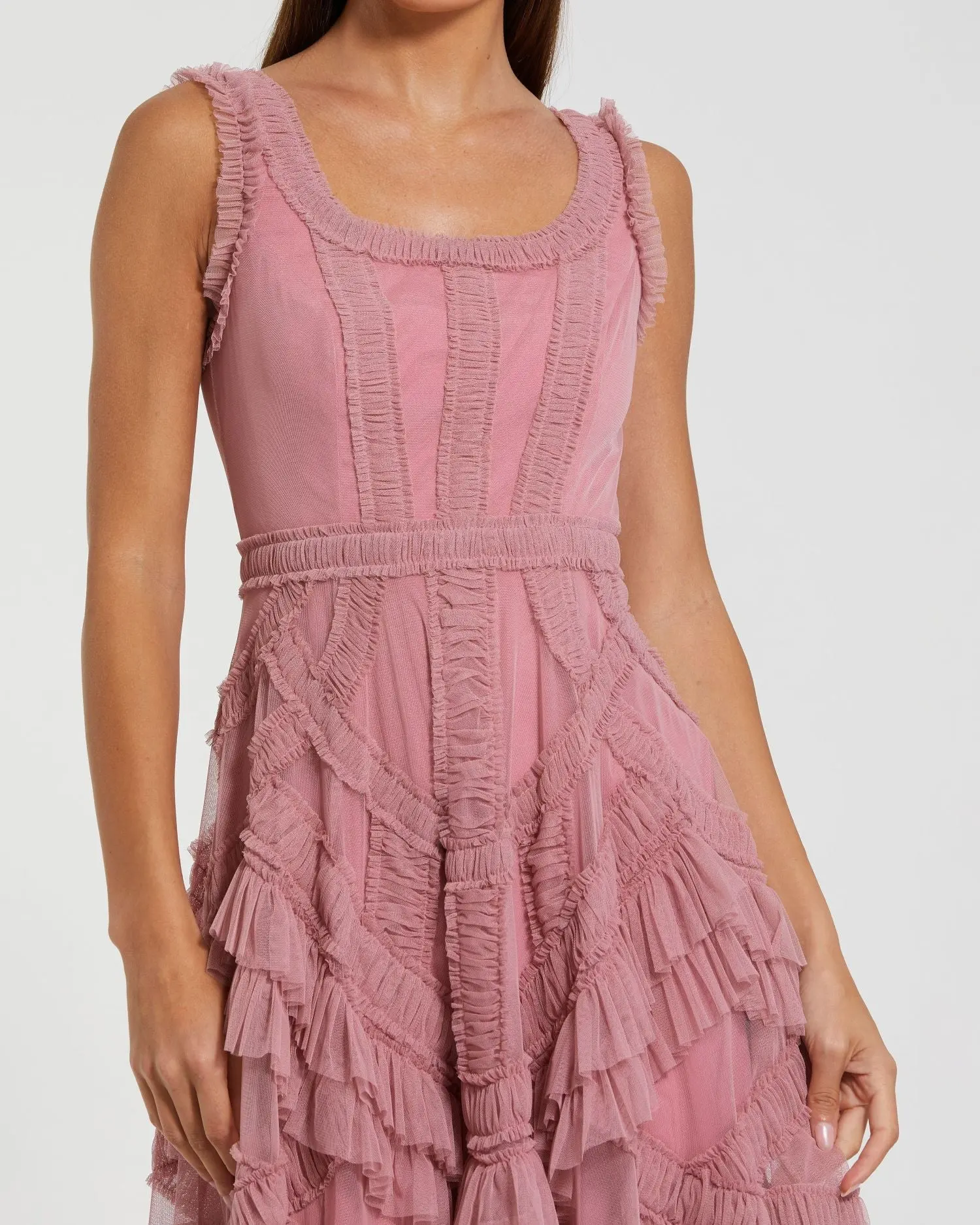 Pink Scoop Neck Sleeveless Micro Ruffle Midi Dress - Image 2