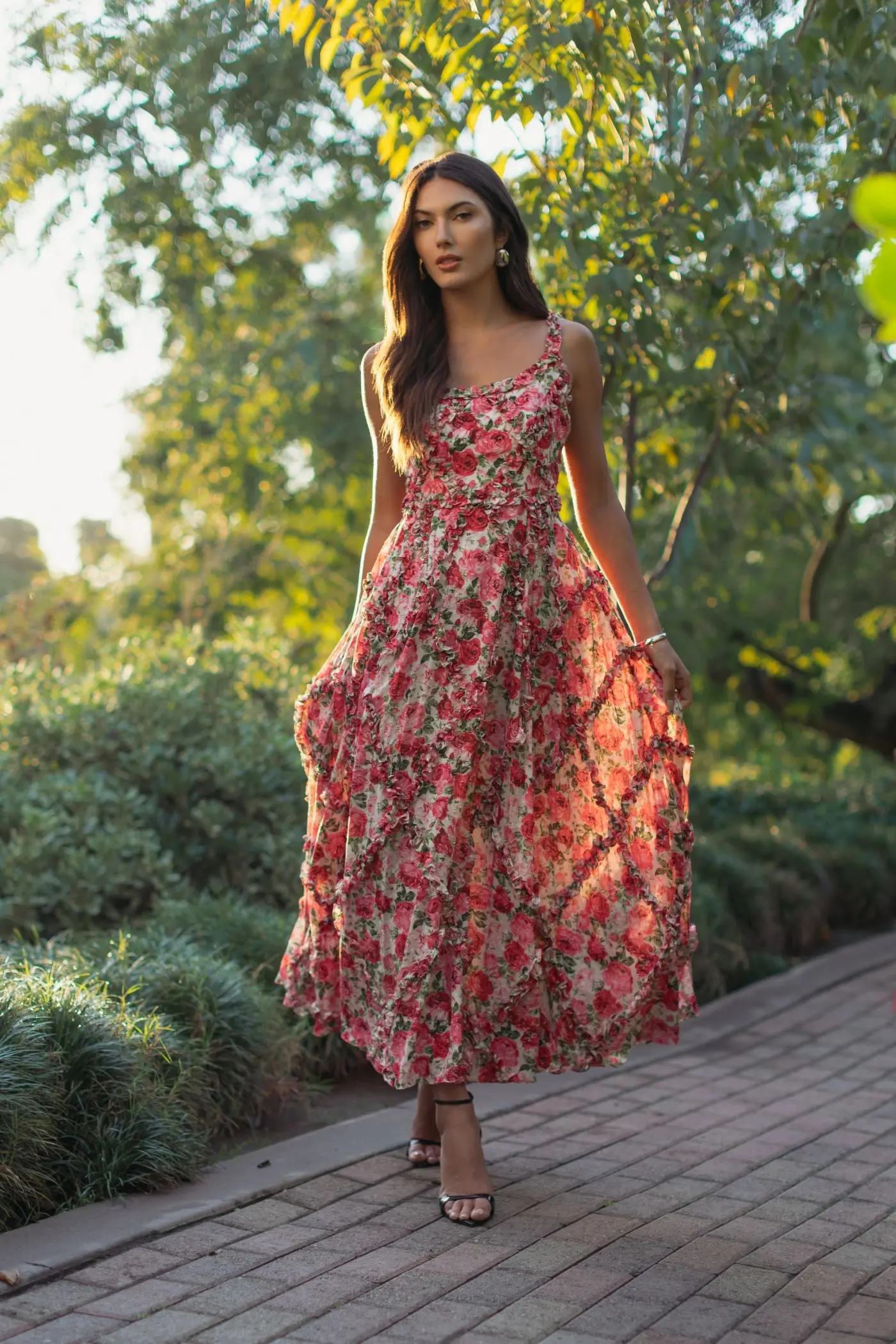 Pink Ruffle Scoop Neck Floral A-Line Dress - Image 4