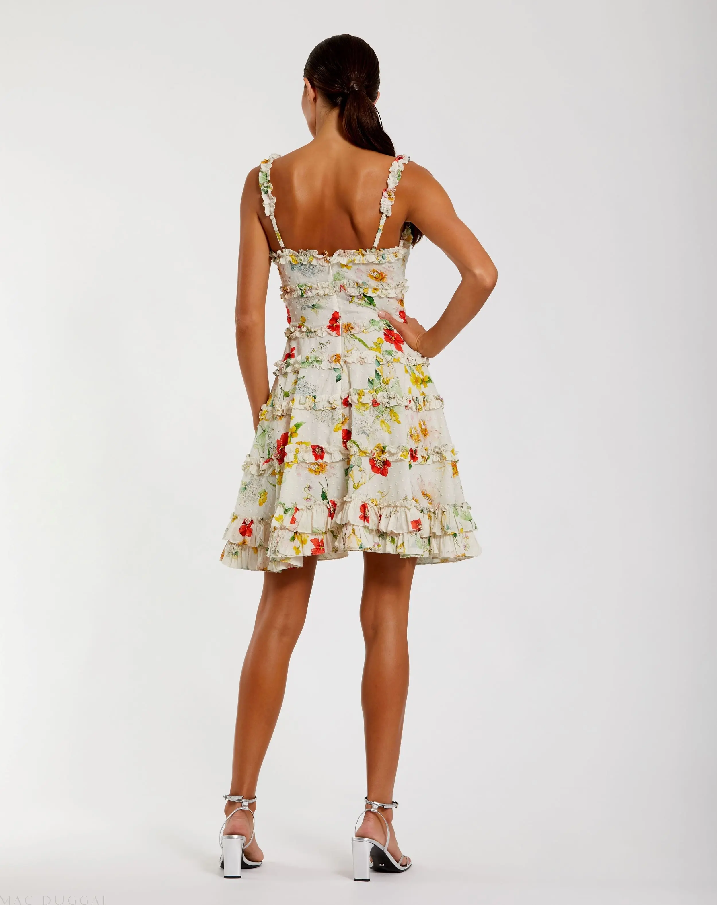Ivory Floral Square Neck Ruffle Mini Dress - Image 3