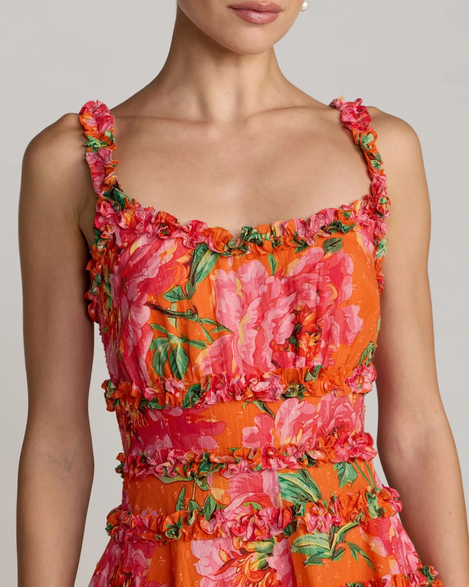 Orange Floral Square Neck Ruffled Cotton Mini Dress - Image 3
