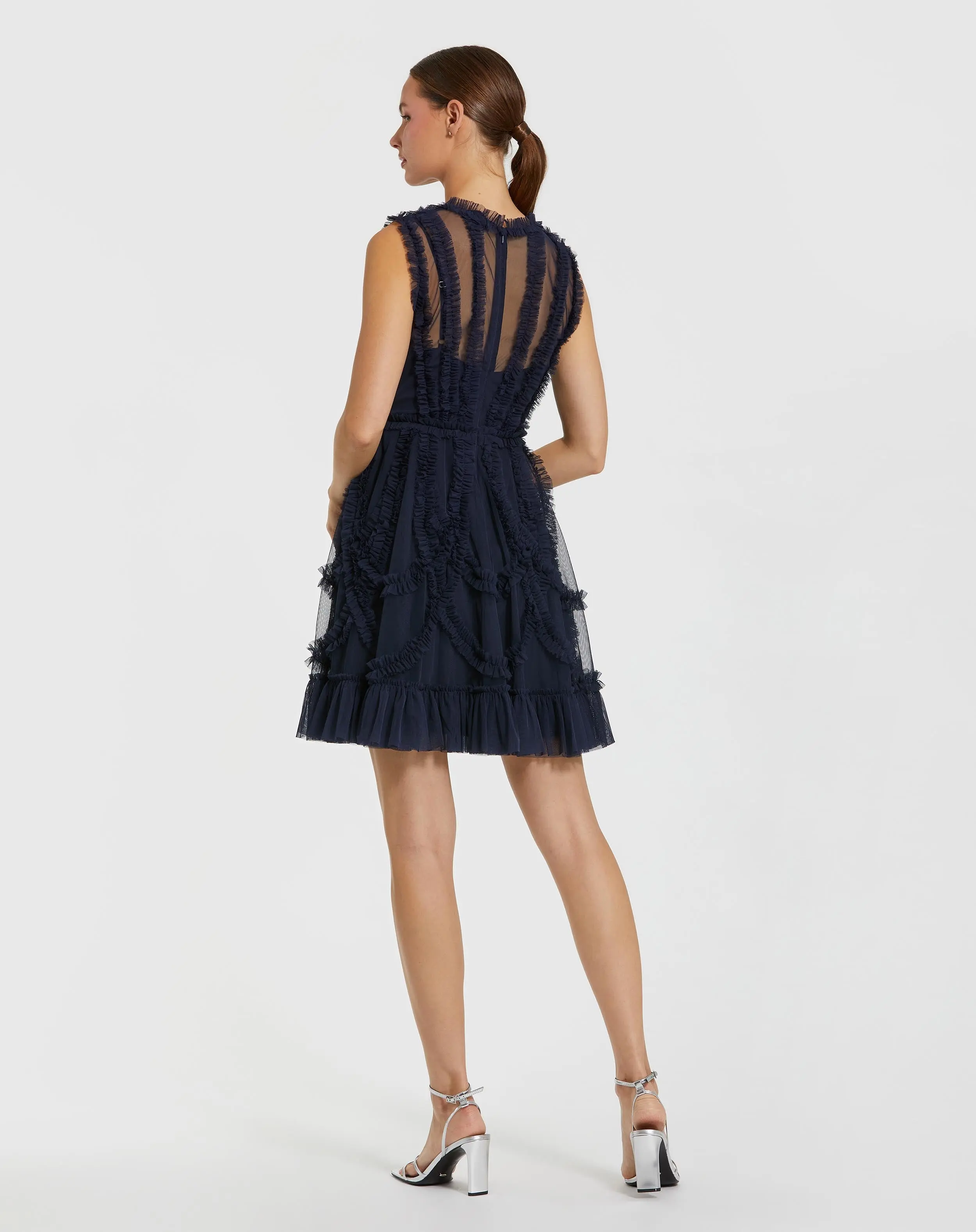 Navy High Neck Sleeveless Micro Ruffle Mini Dress - Image 3