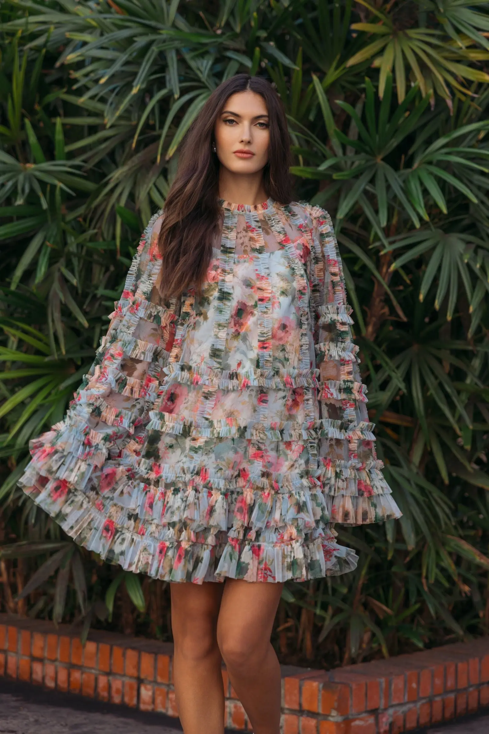 Blue Printed Mesh Ruffle High Neck Mini Dress - Image 6