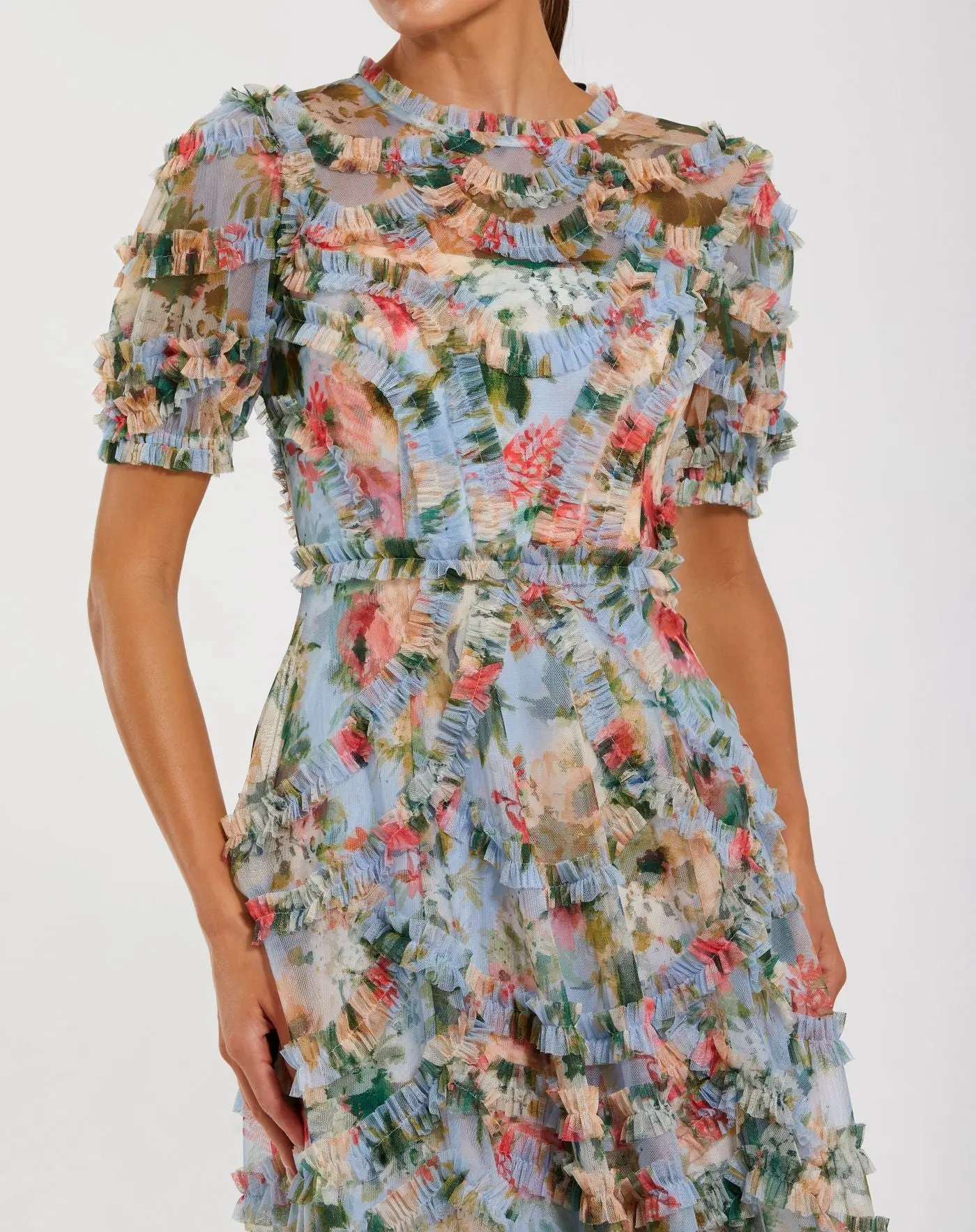 Blue Floral Mesh Ruffle High Neck Midi Dress - Image 2