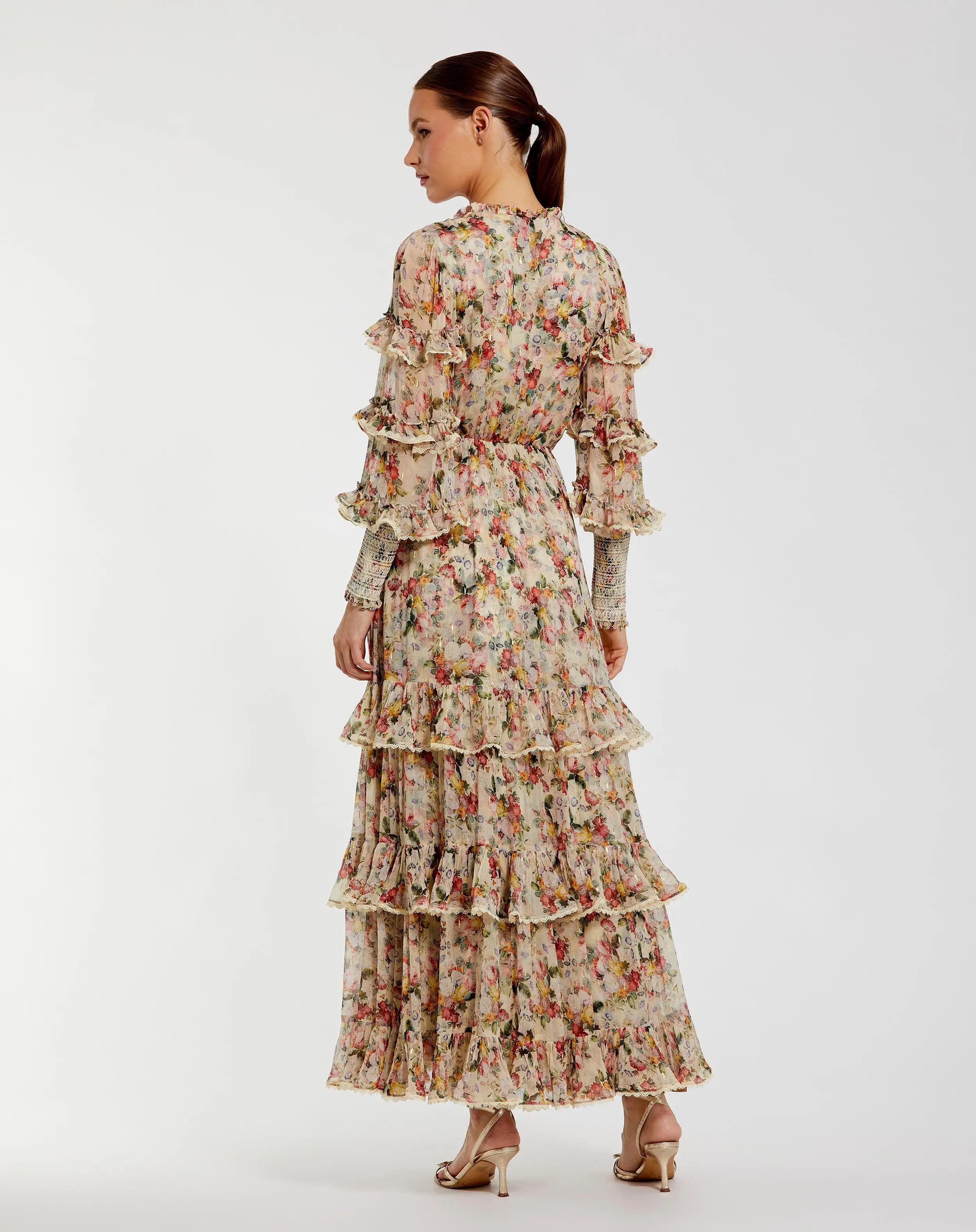 Beige Floral Tiered Ruffle Midi Dress with Long Sleeves - Image 3