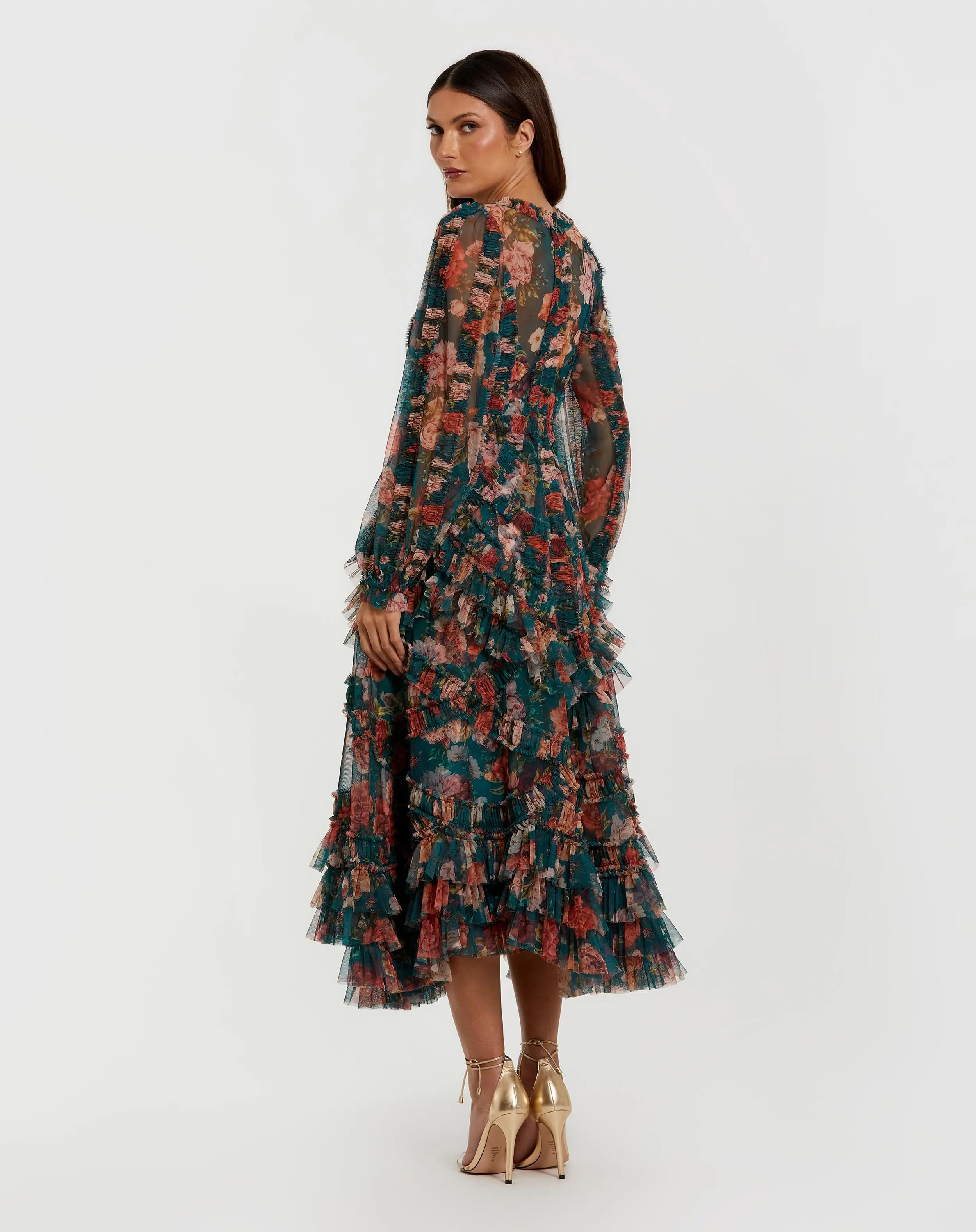 Teal Long Sleeve Floral Midi Dress With Ruffles - Image 3